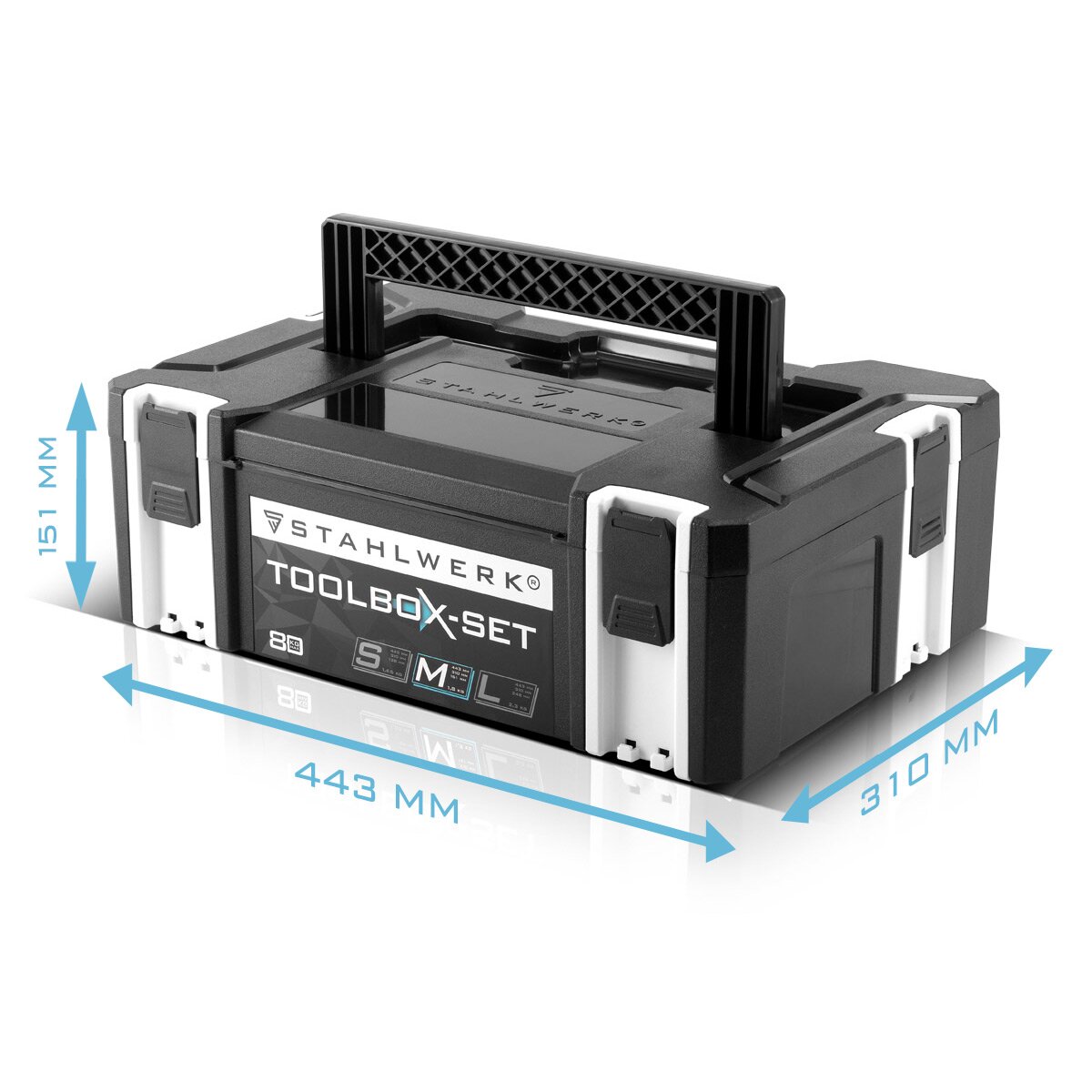 Steelworks Universal Toolbox size M 443 x 310 x 151 mm stackable system box | Tool box | Tool case | Tool organizer in the module system made of highly resilient ABS plastic with a handle