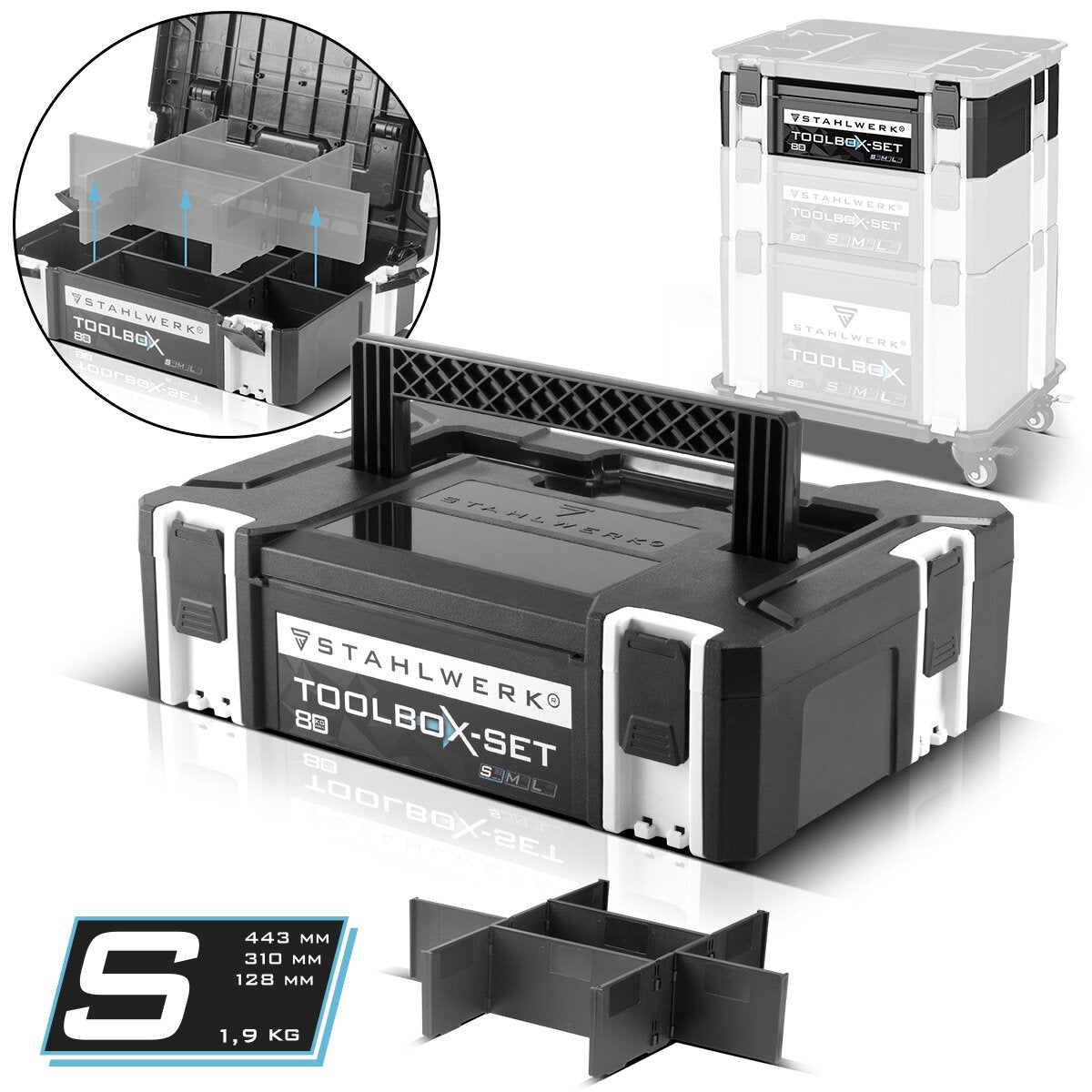 Steelworks Universal Toolbox with inner compartment size S 443 x 310 x 128 mm stackable system box | Tool box | Tool organizer in the module system made of highly resilient ABS plastic with a handle