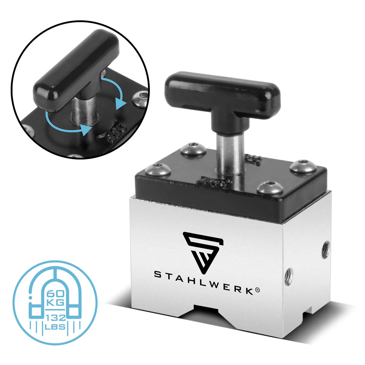 STAHLWERK Vierkant Haftmagnet | Schaltbarer Magnetblock | Flexibler Vierkant Magnet mit Ein-/Aus-Schalter und 60 kg Haftkraft