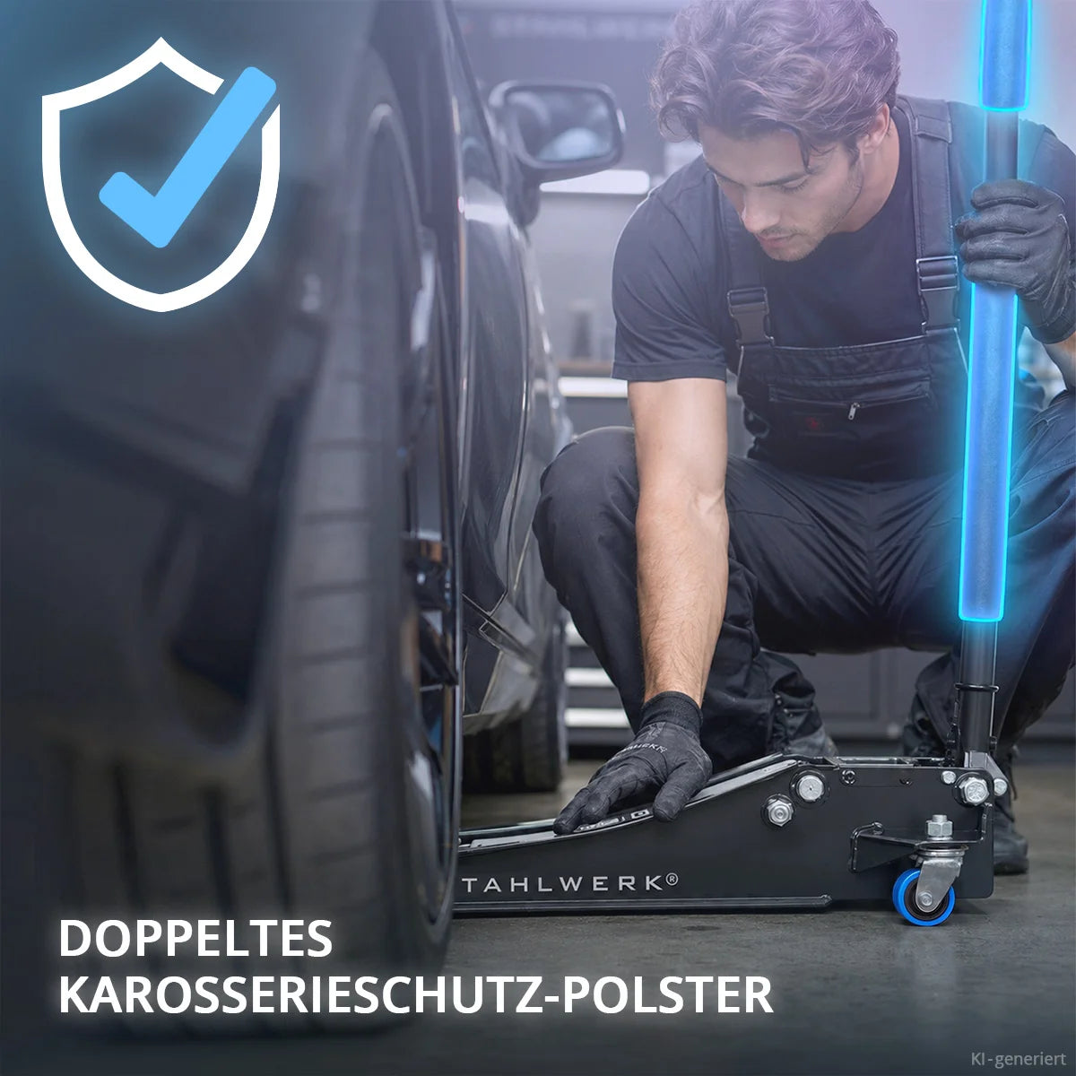 STAHLWERK Wagenheber WHB-73 ST | 3 t Tragkraft | Doppelhubkolben | 73-500 mm Hubhöhe | Extra flacher Rangierwagenheber | Hydraulik-Wagenheber | Schwarzer Autoheber | Blaue Silent-Rollen | 2 Gummipads