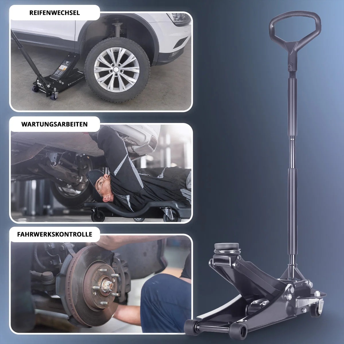 Gato para coche STAHLWERK WHB-73 ST con capacidad de carga de 3 t, rodillos silenciosos de goma, doble pistón de elevación y rango de elevación de 73-500 mm | Gato con ruedas extraplano | Gato hidráulico para coche | gato negro