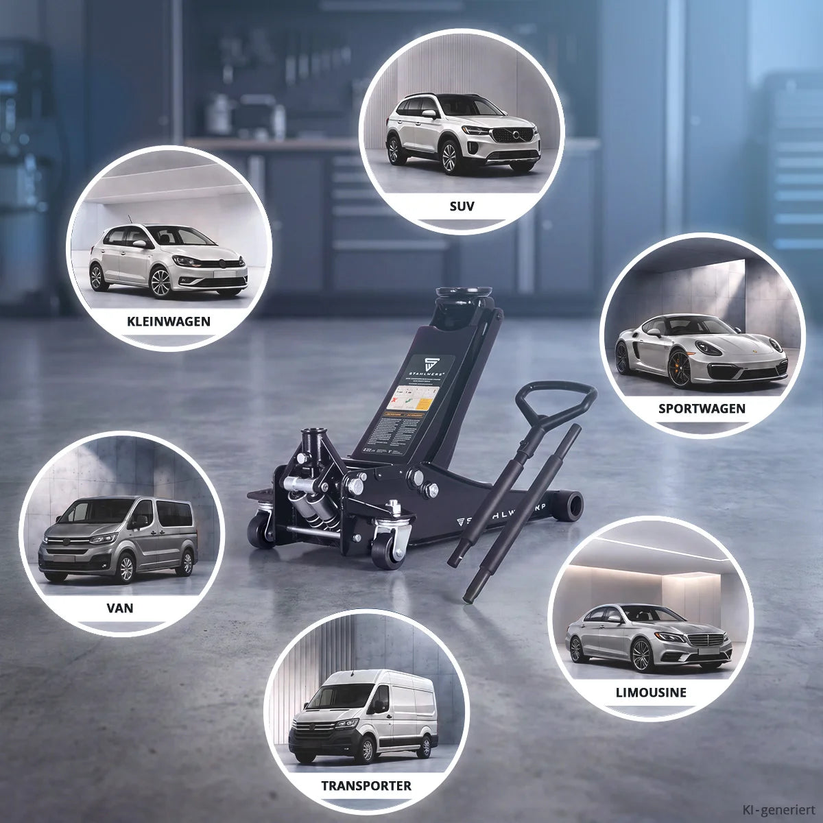 Gato para coche STAHLWERK WHB-73 ST con capacidad de carga de 3 t, rodillos silenciosos de goma, doble pistón de elevación y rango de elevación de 73-500 mm | Gato con ruedas extraplano | Gato hidráulico para coche | gato negro
