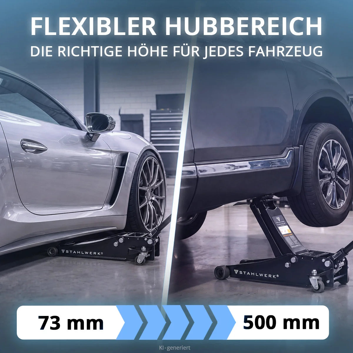 Gato para coche STAHLWERK WHB-73 ST con capacidad de carga de 3 t, rodillos silenciosos de goma, doble pistón de elevación y rango de elevación de 73-500 mm | Gato con ruedas extraplano | Gato hidráulico para coche | gato negro