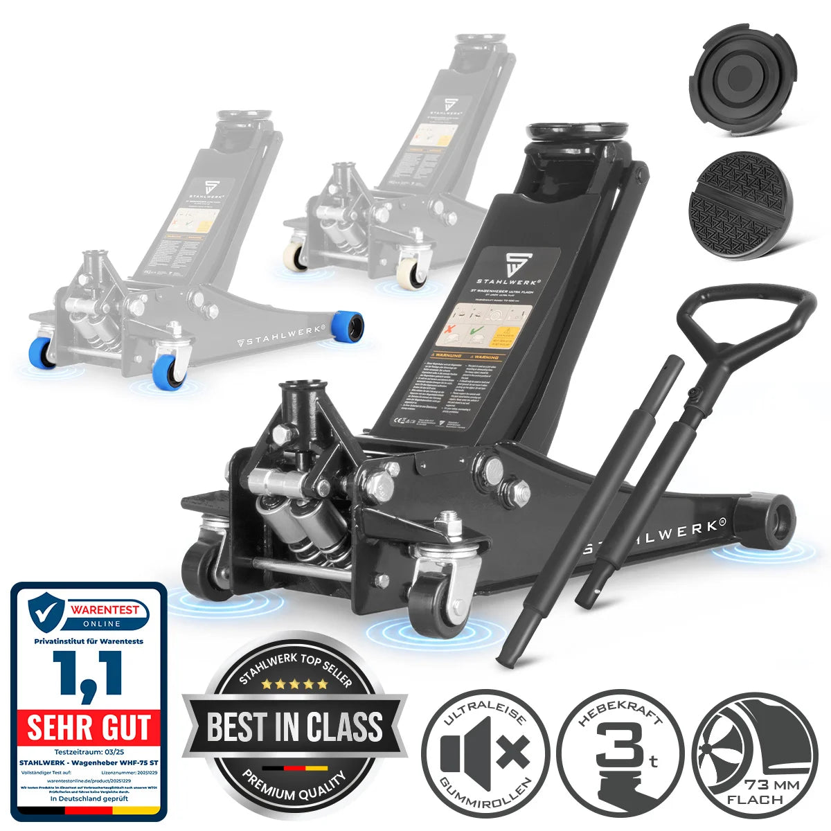 Gato para coche STAHLWERK WHB-73 ST con capacidad de carga de 3 t, rodillos silenciosos de goma, doble pistón de elevación y rango de elevación de 73-500 mm | Gato con ruedas extraplano | Gato hidráulico para coche | gato negro