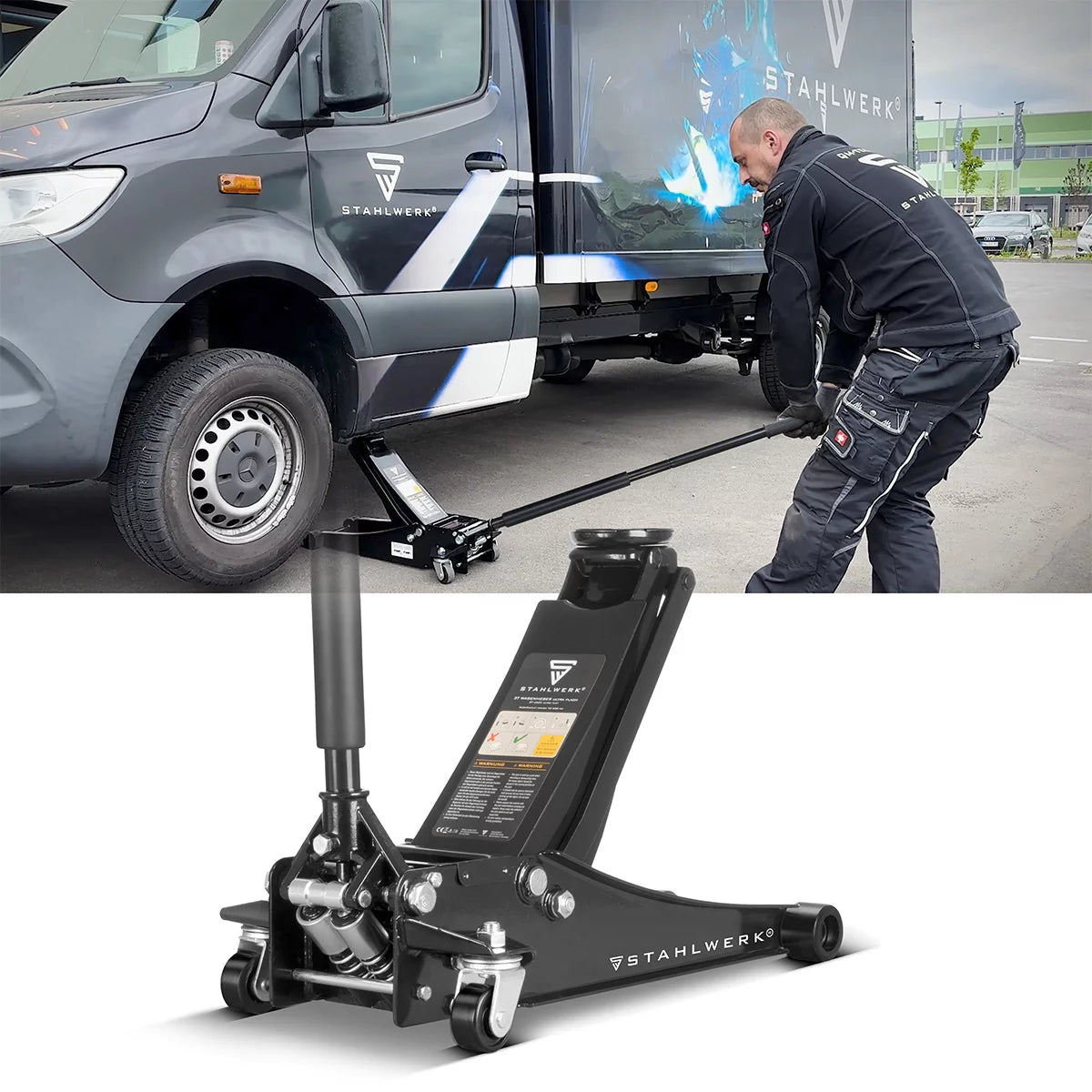 STAHLWERK Wagenheber WHF-73 ST mit 3 t Tragkraft, Long-Life-Stahlrollen, Doppelhubkolben und 73-500 mm Hubbereich | Extra flacher Rangierwagenheber | Hydraulik-Wagenheber | Schwarzer Autoheber