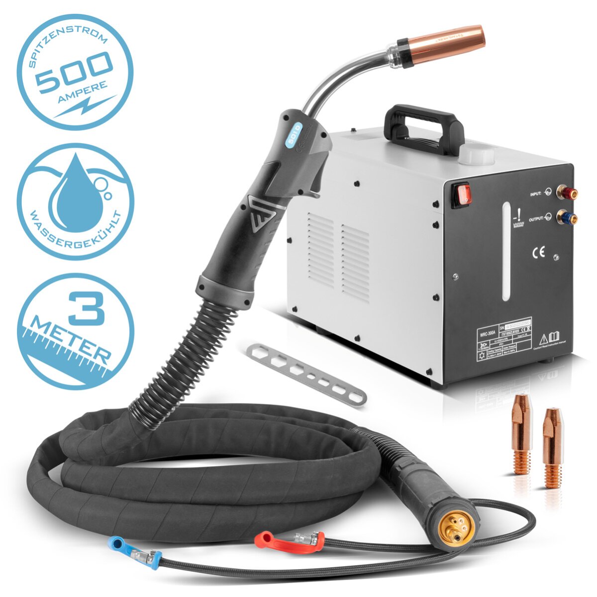 Steel mill water -cooled Mig Mag welding torch AK501D | MB501D to 500 A with 3 m protective gas hose package and Euro central connection including water cooler with 370 W and 6 l tank