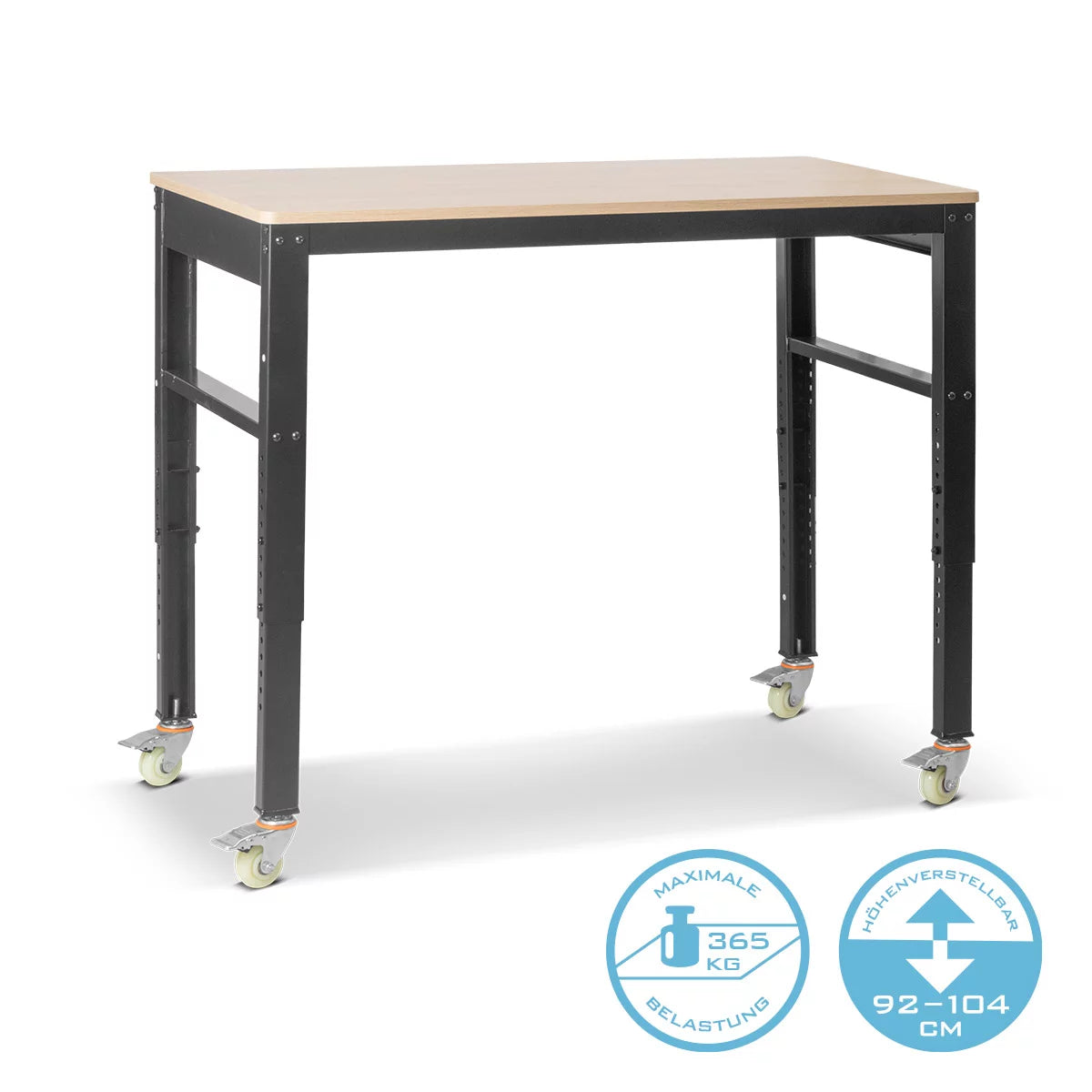 STAHLWERK Werkbank mit Rollen | 120 x 60 cm | Höhenverstellbar 92-104 cm | Tragfähigkeit 365 kg | mobile Werkbank