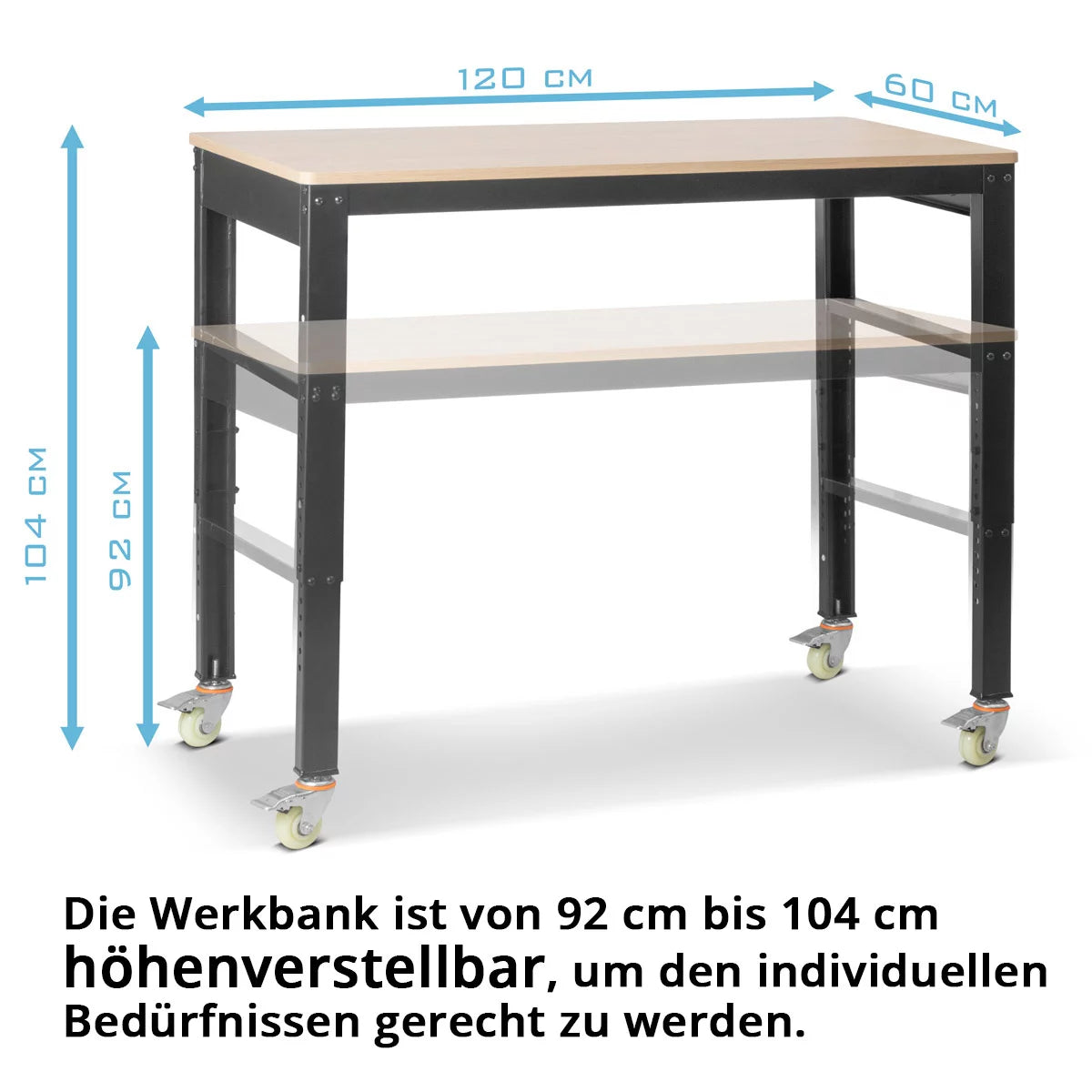 STAHLWERK Werkbank mit Rollen | 120 x 60 cm | Höhenverstellbar 92-104 cm | Tragfähigkeit 365 kg | mobile Werkbank