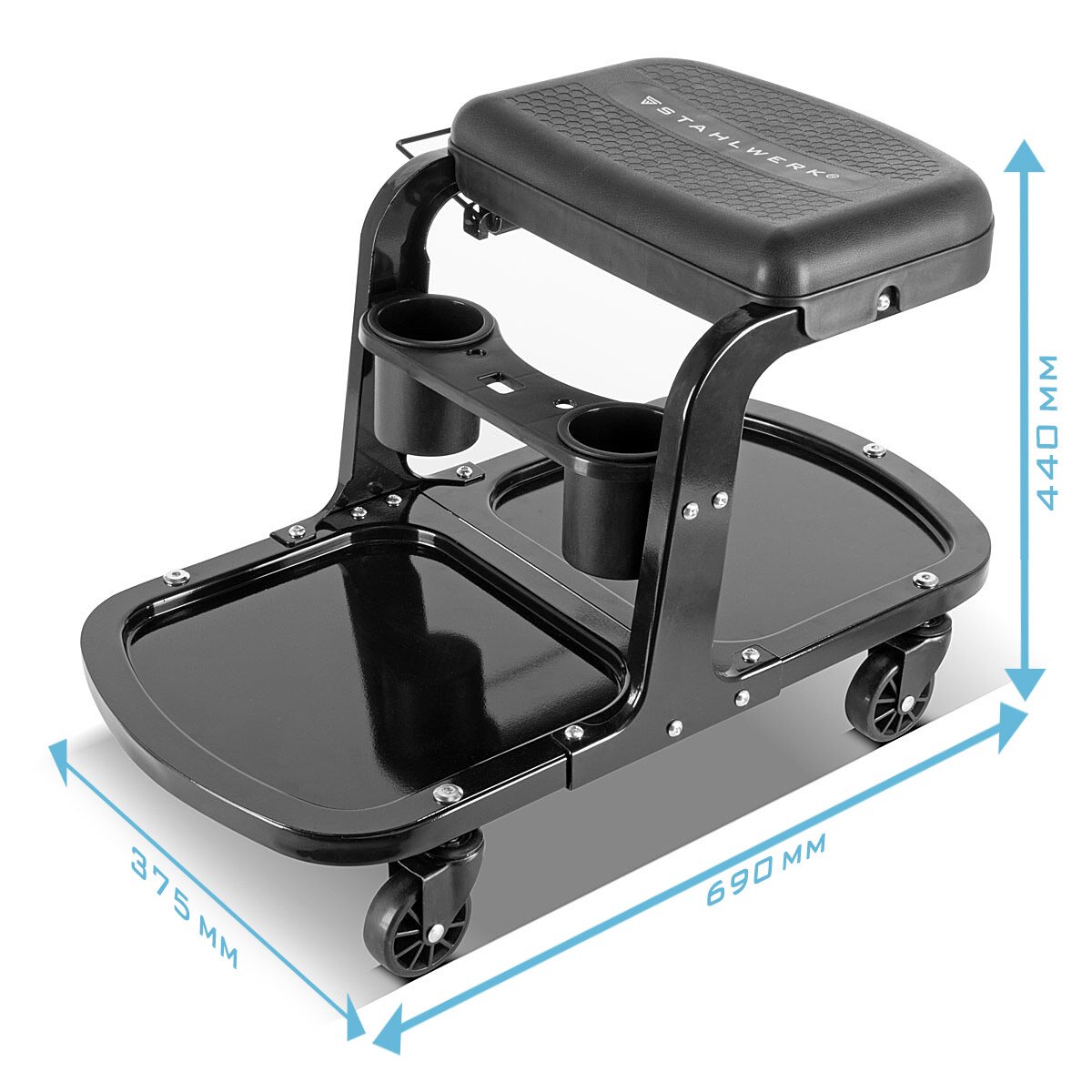 Tabouret d'atelier Steelworks WRS-135 ST jusqu'à 135 kg résilient avec deux porte-bouteilles, creux de rangement, détenteurs d'outils et trous en tissu, placelle / roule