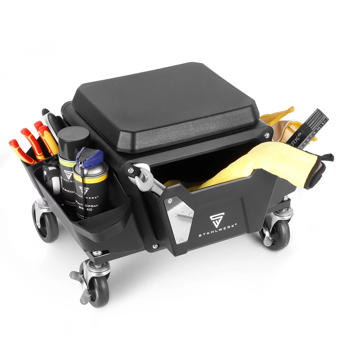 STAHLWERK Werkstatthocker MMH-135 ST | Rollbarer Werkstattsitz mit Schublade und Seitenfächern | Mechaniker-Sitz mit 4 Lenkrollen | Abnehmbares Sitzpolster als Knieschutz | Rollhocker für Werkstatt