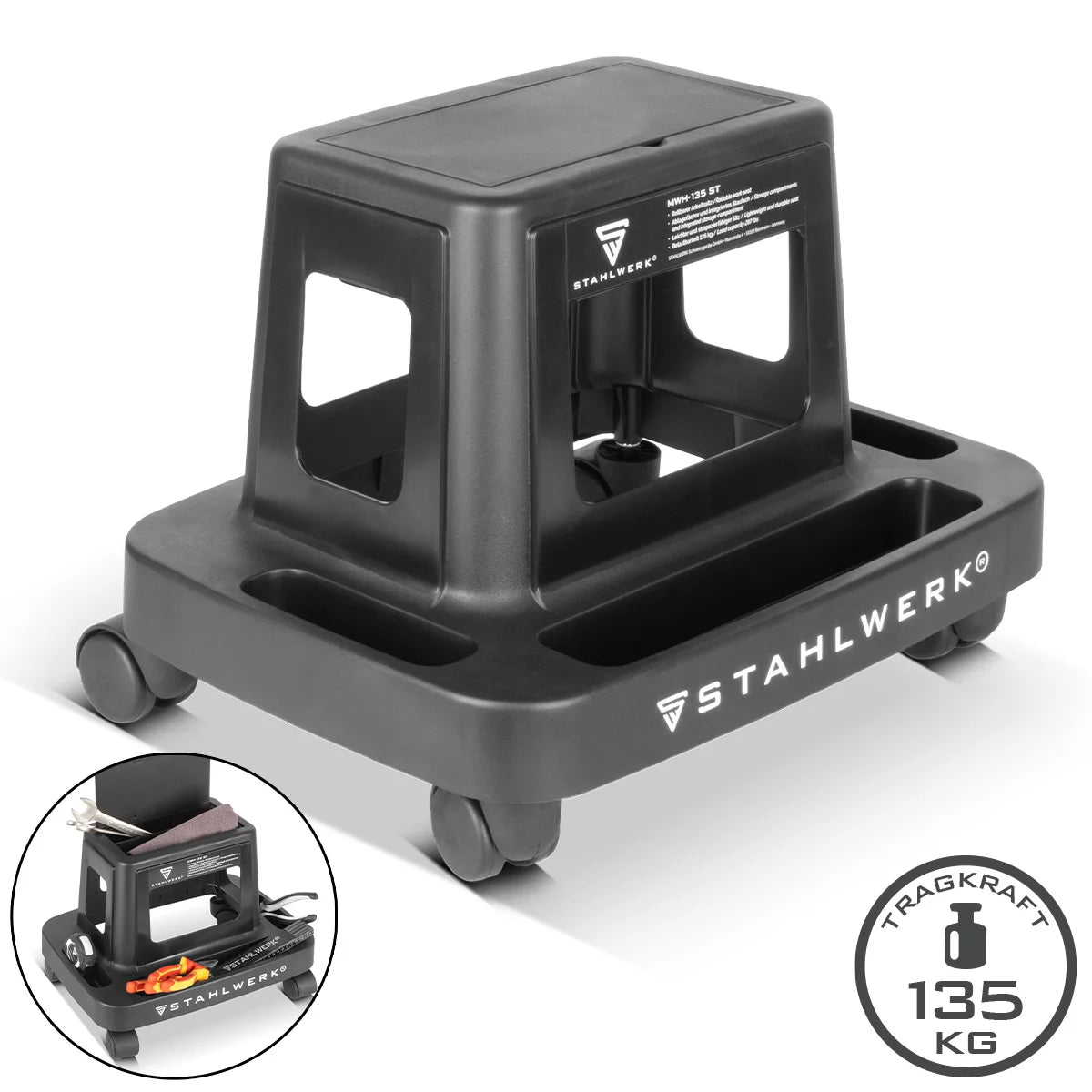 STAHLWERK workshop stool MWH-135 ST | 135 kg load capacity | Rollable workshop seat with swivel castors and inner compartment | Lightweight workshop chair | Robust workshop rolling stool with storage recesses