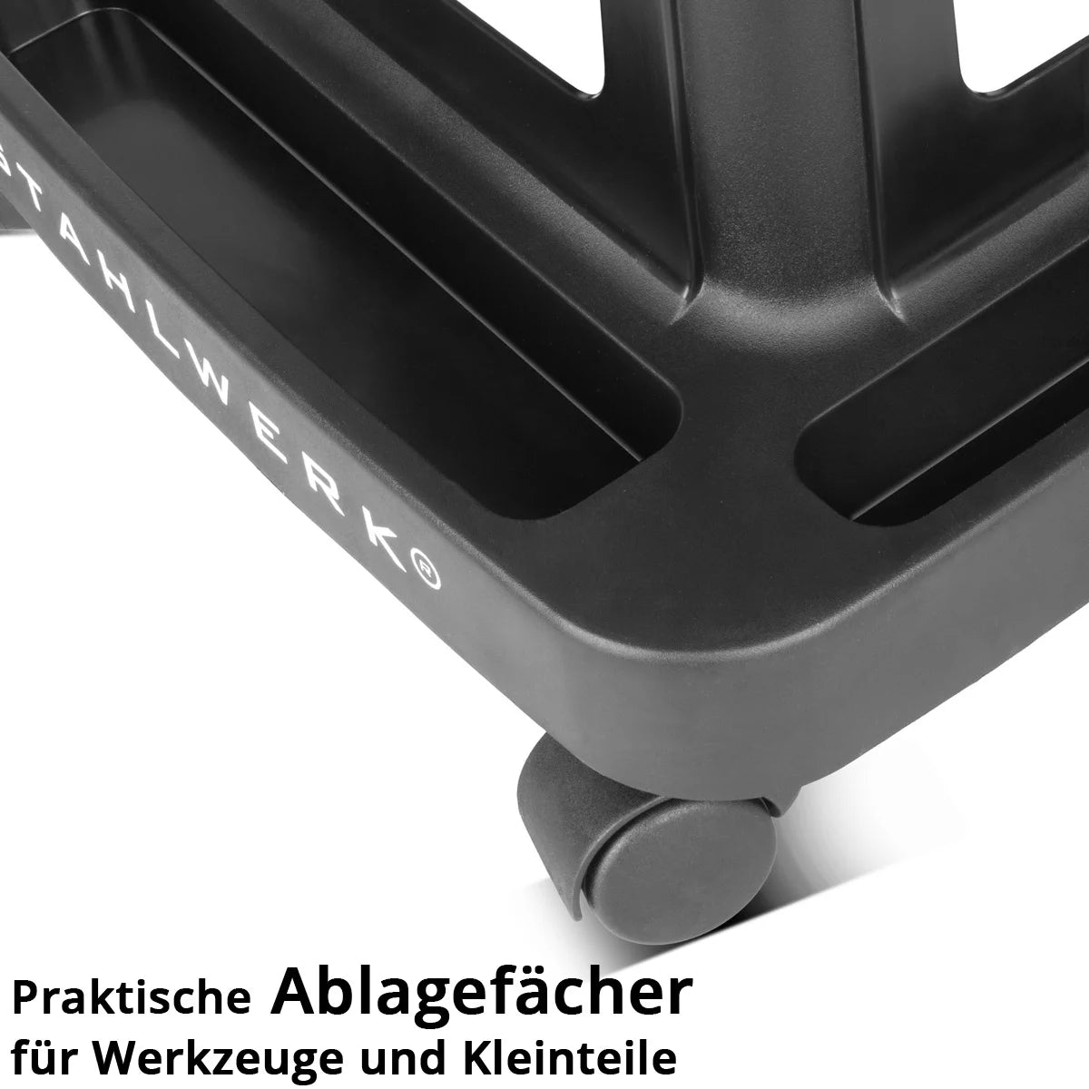 Sgabello da officina STAHLWERK MWH-135 ST | Capacità di carico 135 kg | Sedile da officina arrotolabile con ruote piroettanti e scomparto interno | Sedia da officina leggera | Robusto sgabello da officina con vani portaoggetti