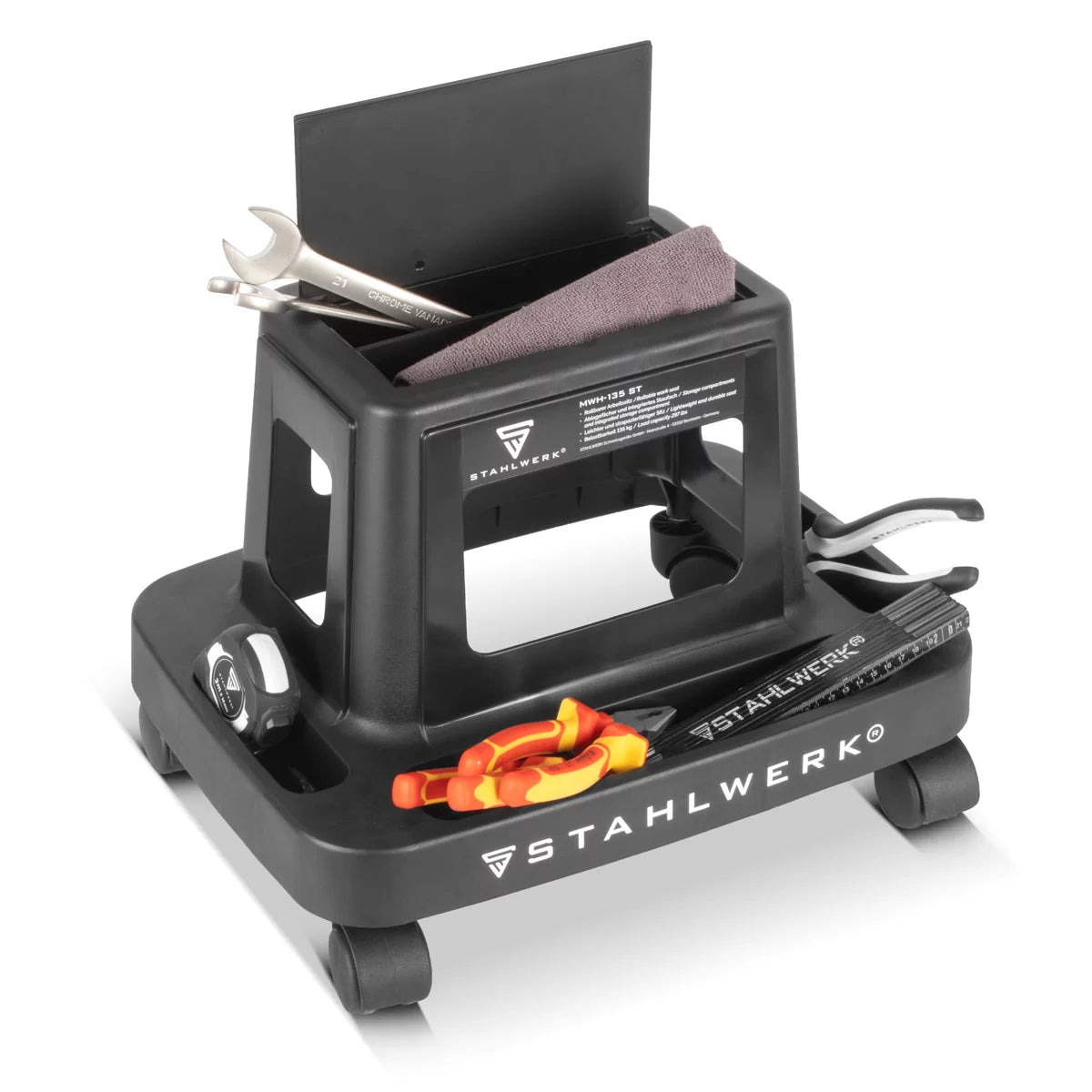 Sgabello da officina STAHLWERK MWH-135 ST | Capacità di carico 135 kg | Sedile da officina arrotolabile con ruote piroettanti e scomparto interno | Sedia da officina leggera | Robusto sgabello da officina con vani portaoggetti