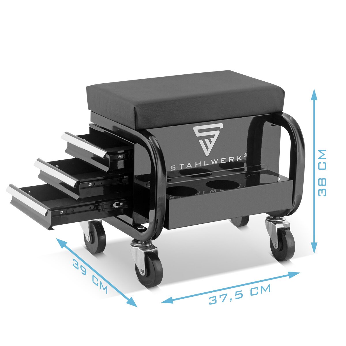 STAHLWERK Werkstatthocker MWH-3 ST mit 120 kg Tragkraft Werkstattsitz | Werkstattstuhl | Rollhocker | Arbeitshocker | Werkstattrollsitz mit Schubladen, Leichtlauf-Lenkrollen und Dosenhalter