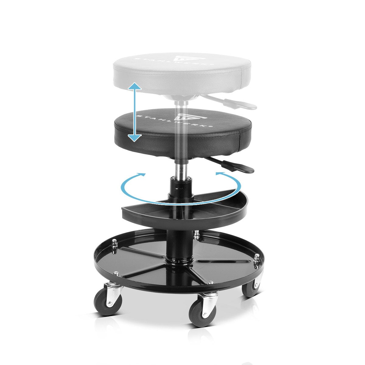 STAHLWERK Werkstatthocker WRH-295 ST mit 130 kg Tragkraft höhenverstellbarer Werkstattsitz | Werkstattstuhl | Rollhocker | Arbeitshocker | Drehhocker mit Leichtlauf-Lenkrollen und Ablagemulden