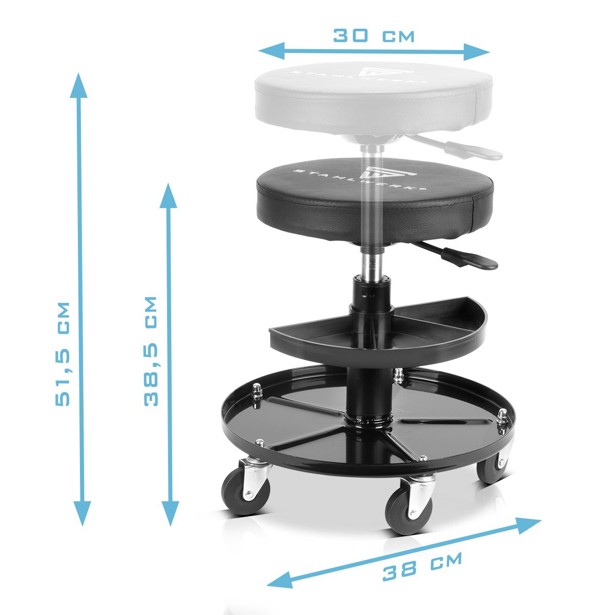 STAHLWERK Werkstatthocker WRH-295 ST mit 130 kg Tragkraft höhenverstellbarer Werkstattsitz | Werkstattstuhl | Rollhocker | Arbeitshocker | Drehhocker mit Leichtlauf-Lenkrollen und Ablagemulden