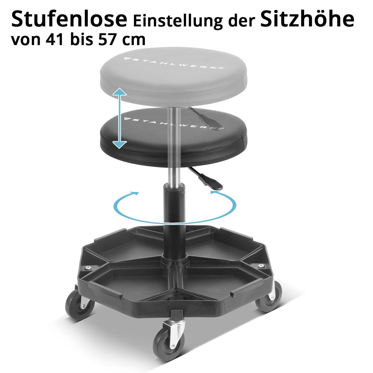 STAHLWERK Werkstatthocker WRH-57 ST mit 120 kg Tragkraft Werkstattsitz | Werkstattstuhl | Rollhocker | Arbeitshocker | Werkstattrollsitz mit Leichtlauf-Lenkrollen und praktischen Ablagemulden