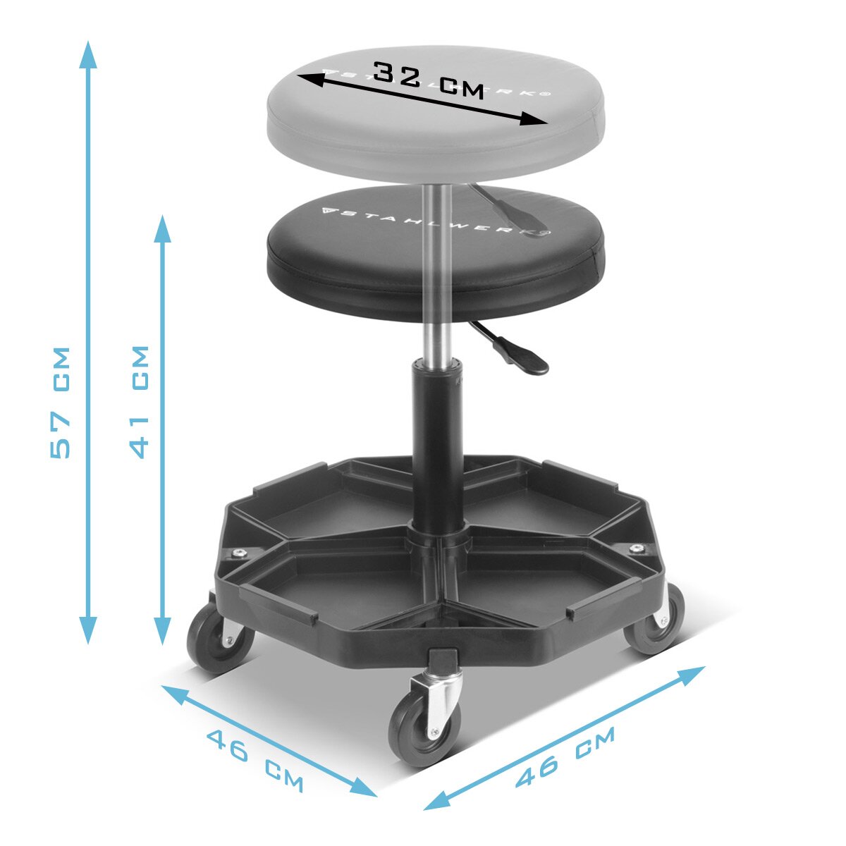 STAHLWERK Werkstatthocker WRH-57 ST mit 120 kg Tragkraft Werkstattsitz | Werkstattstuhl | Rollhocker | Arbeitshocker | Werkstattrollsitz mit Leichtlauf-Lenkrollen und praktischen Ablagemulden