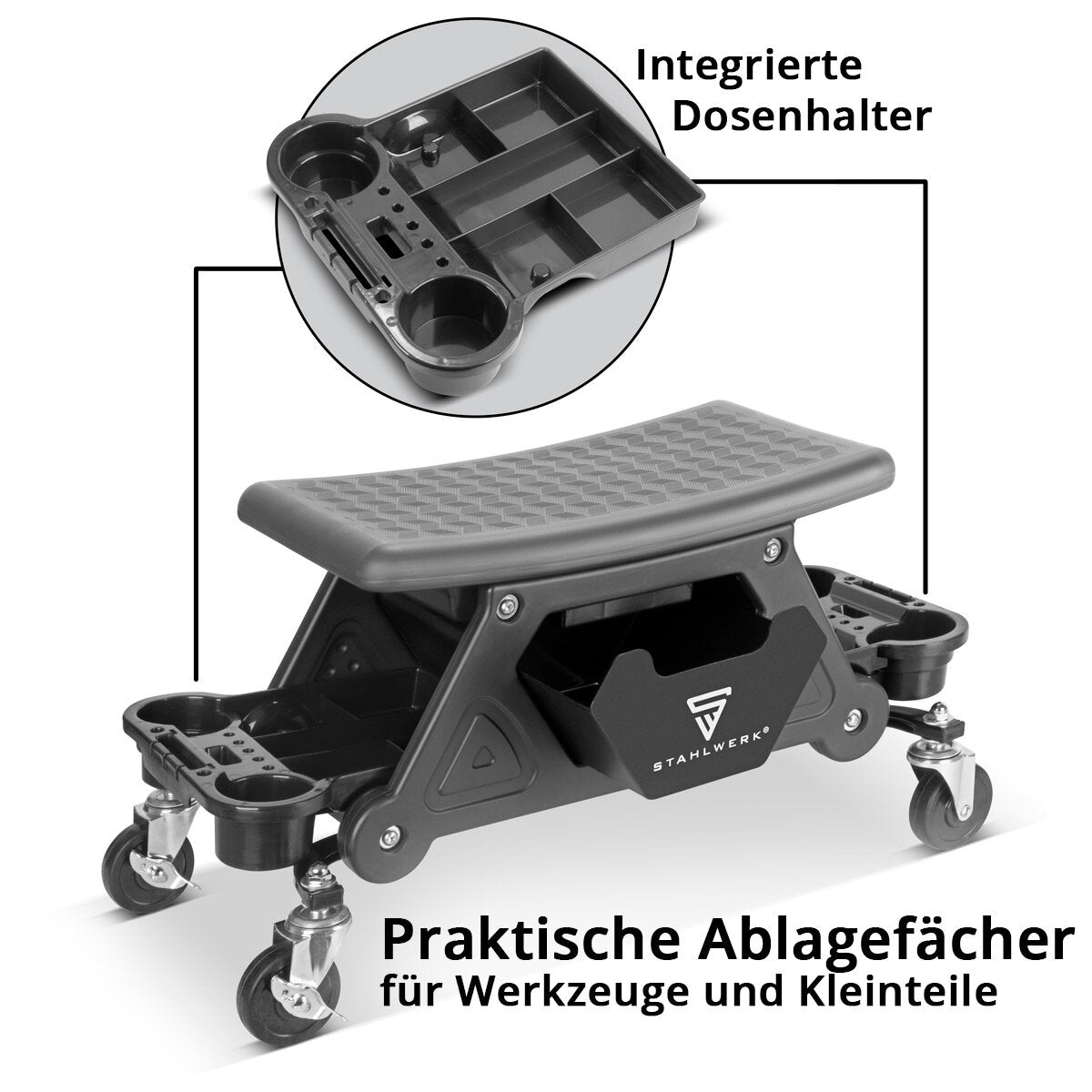 STAHLWERK Werkstatthocker WRS-185 mit 185 kg Tragkraft Werkstattsitz | Werkstattstuhl | Rollhocker | Werkstattrollsitz mit Schublade, Ablagefächern, Leichtlauf-Lenkrollen und Dosenhalter