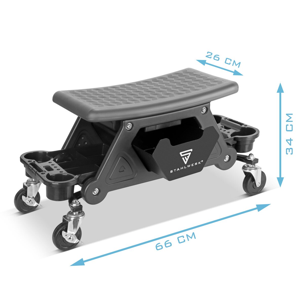 STAHLWERK Werkstatthocker WRS-185 mit 185 kg Tragkraft Werkstattsitz | Werkstattstuhl | Rollhocker | Werkstattrollsitz mit Schublade, Ablagefächern, Leichtlauf-Lenkrollen und Dosenhalter