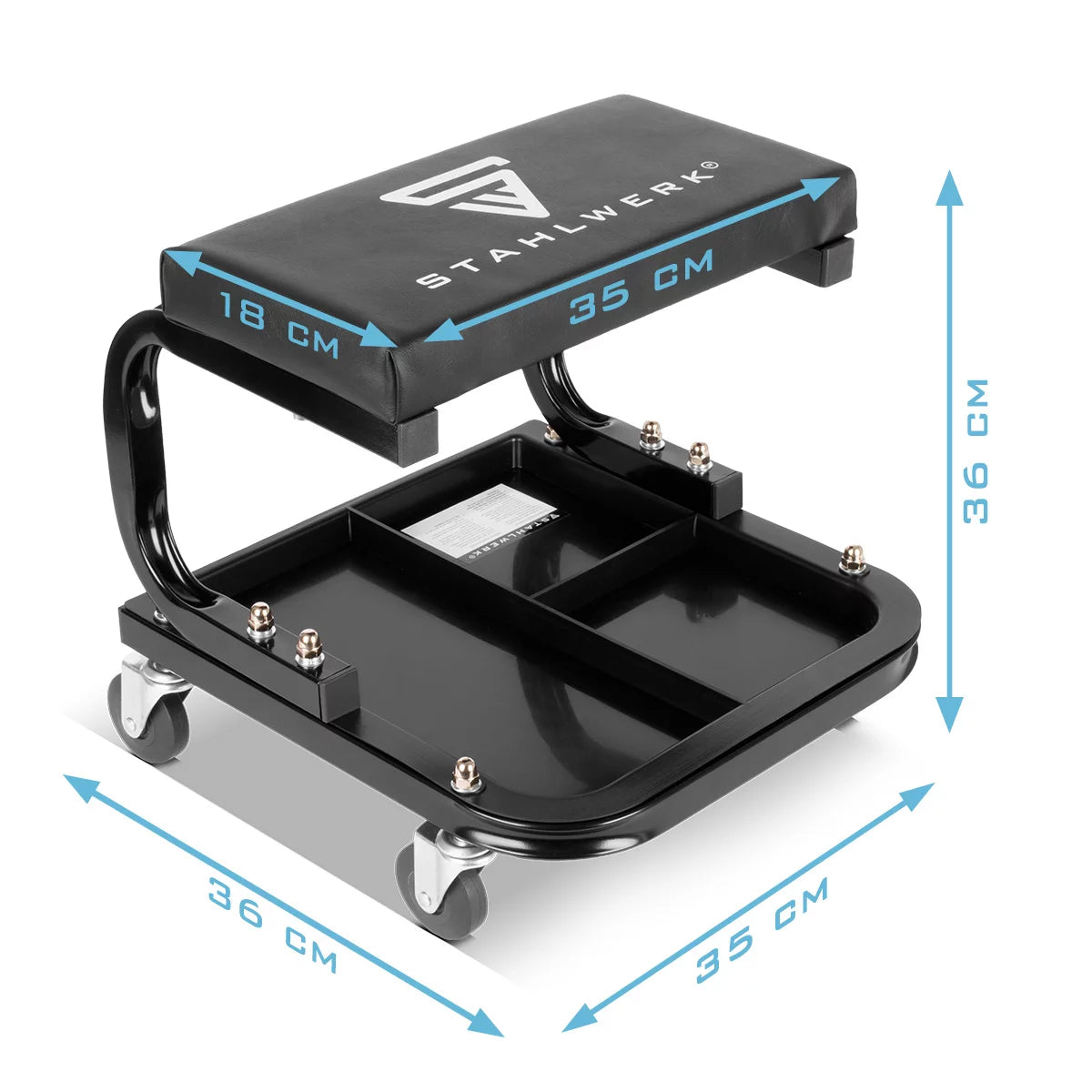 STAHLWERK Werkstatthocker MWH-118 ST | 118 kg Tragkraft |Rollbarer Werkstattsitz | Werkstattstuhl | Rollhocker | Arbeitshocker | Werkstattrollsitz mit Leichtlauf-Lenkrollen und Ablagemulden