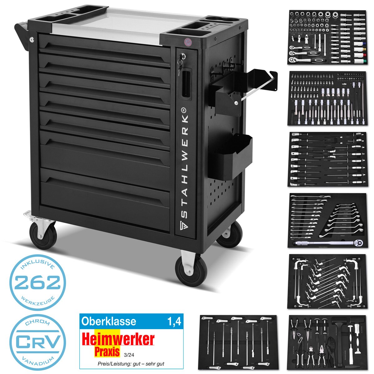 Steelworks workshop car | Tool car | Monta-like Phoenix with rubberized rollers, practical paper rollers and 7 drawers, fully equipped with a high-quality 260-part chrome vanadium tool