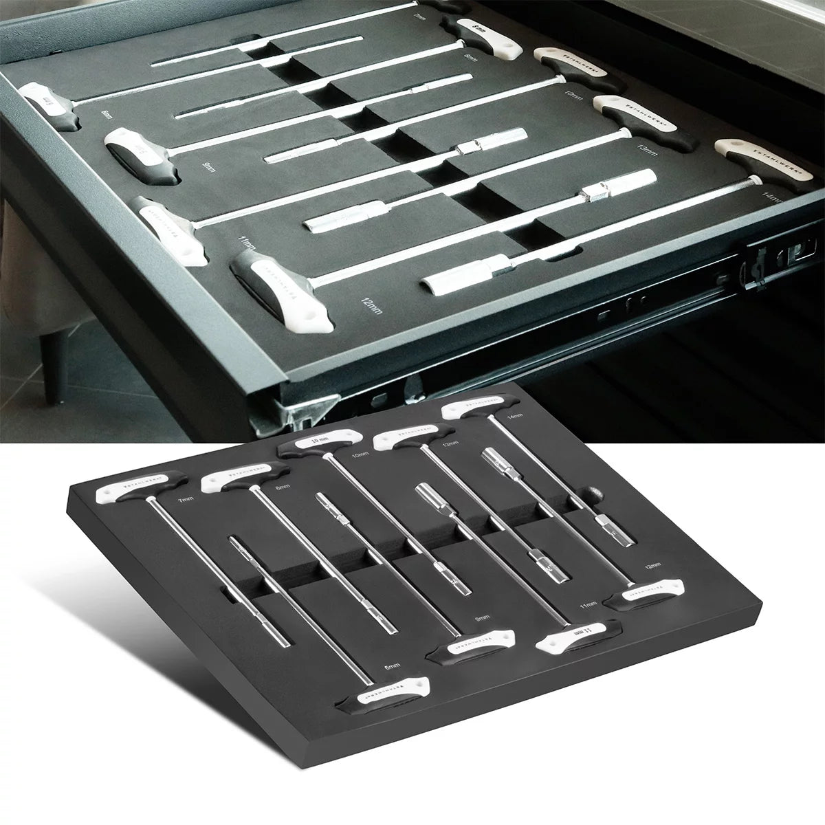 STAHLWERK 9-teiliges T-Griff Steckschlüssel-Set mit Schaumstoffeinlage für Werkstattwagen | Hochwertiges Werkzeug in Werkzeugwageneinlage | Hohe Torsionsbelastung | Alle gängigen Größen