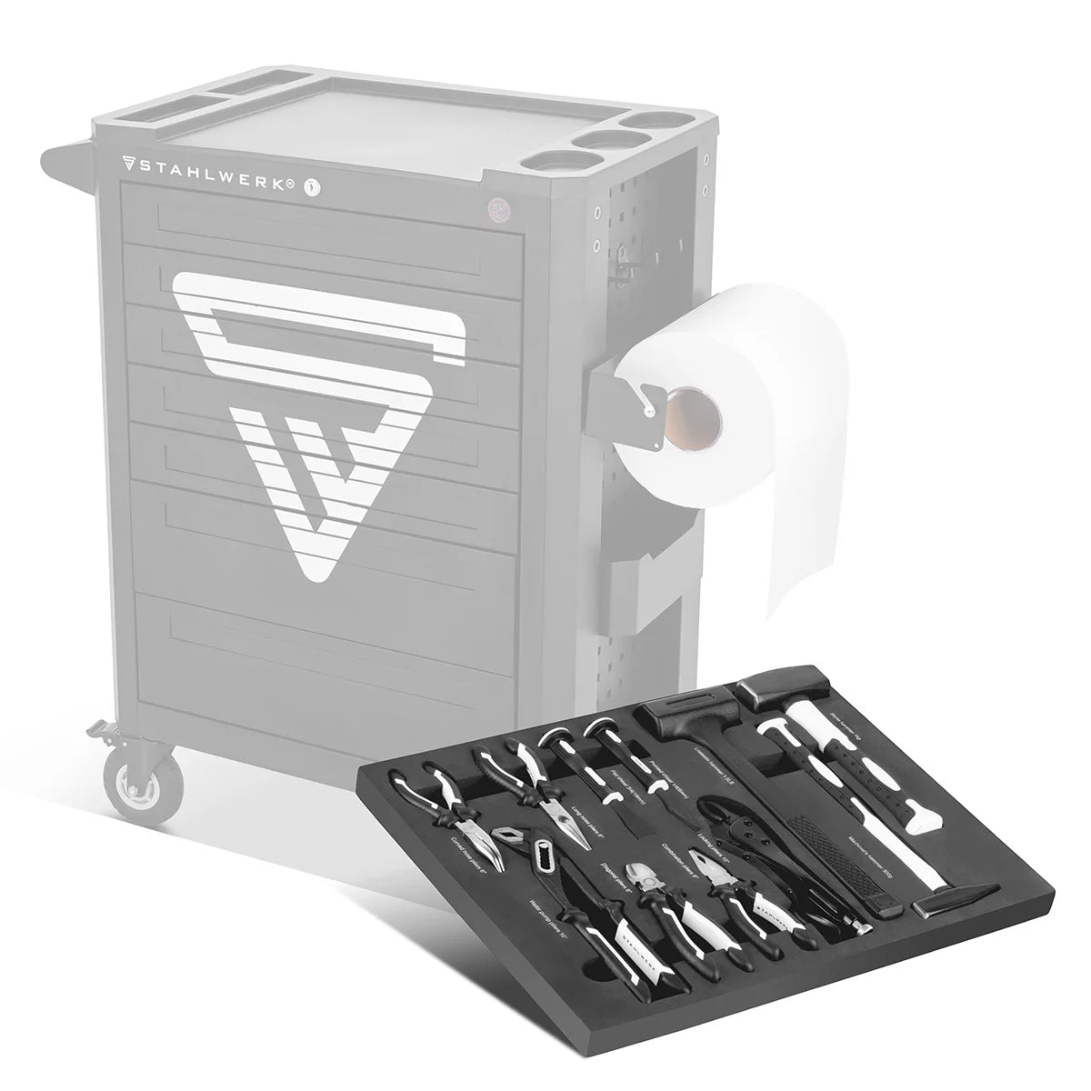 STAHLWERK 11-teiliges Profi-Werkzeug-Set mit Schaumstoffeinlage für Werkstattwagen | Hochwertiges Werkzeug in Werkzeugwageneinlage | Inklusive Zangen, Hämmer und Meißel