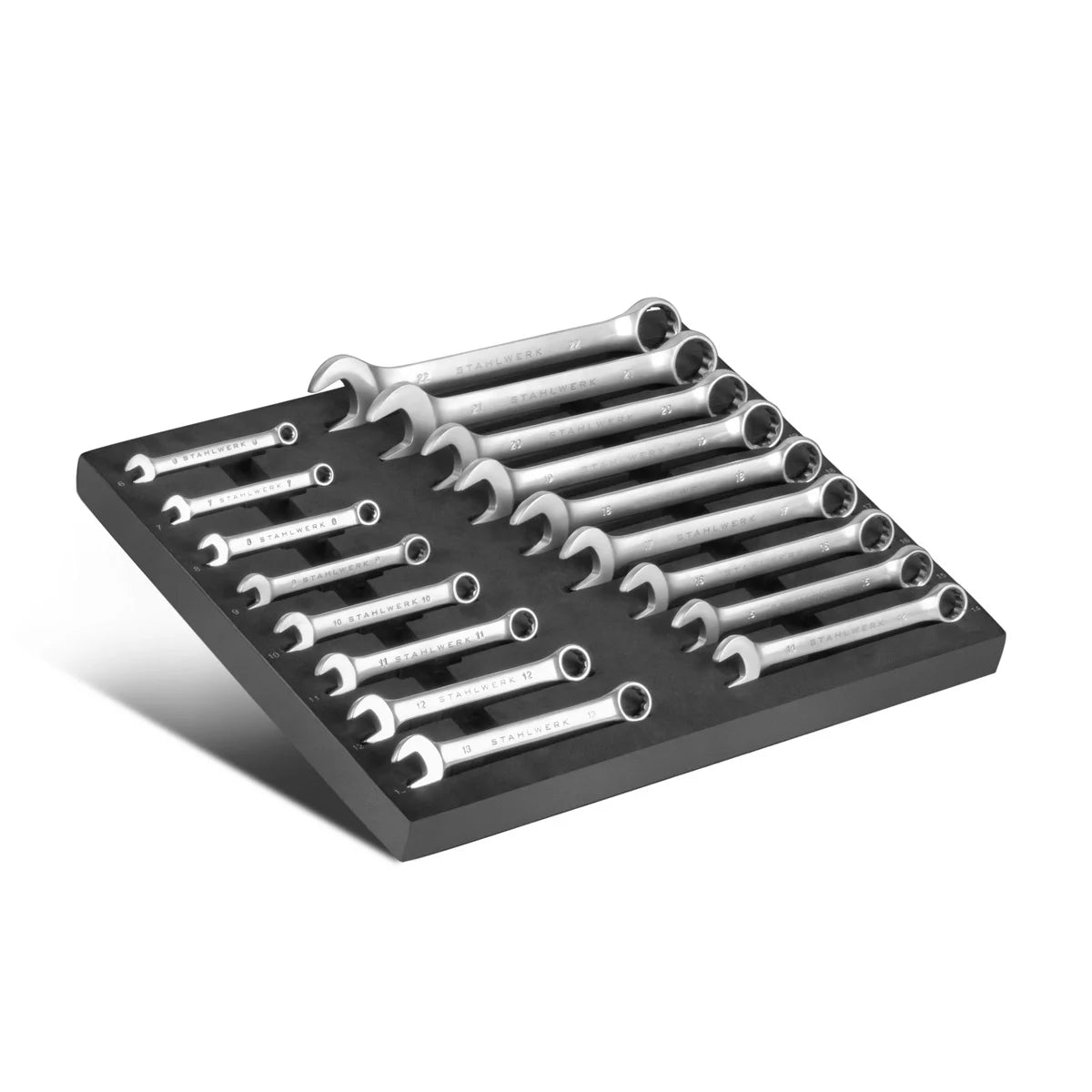 STAHLWERK 17-teiliges Schraubenschlüssel-Set mit Schaumstoffeinlage | Für Werkstattwagen | Ring- und Gabelschlüssel-Satz | Alle gängigen Größen | Praktische Werkzeugwageneinlage