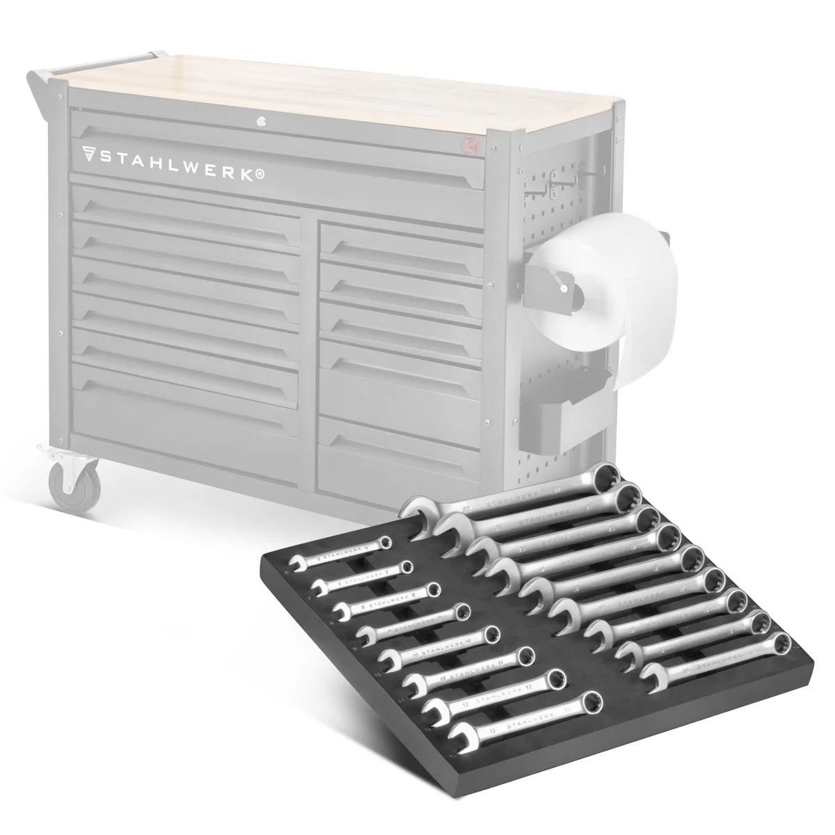 STAHLWERK 17-teiliges Schraubenschlüssel-Set mit Schaumstoffeinlage | Für Werkstattwagen | Ring- und Gabelschlüssel-Satz | Alle gängigen Größen | Praktische Werkzeugwageneinlage