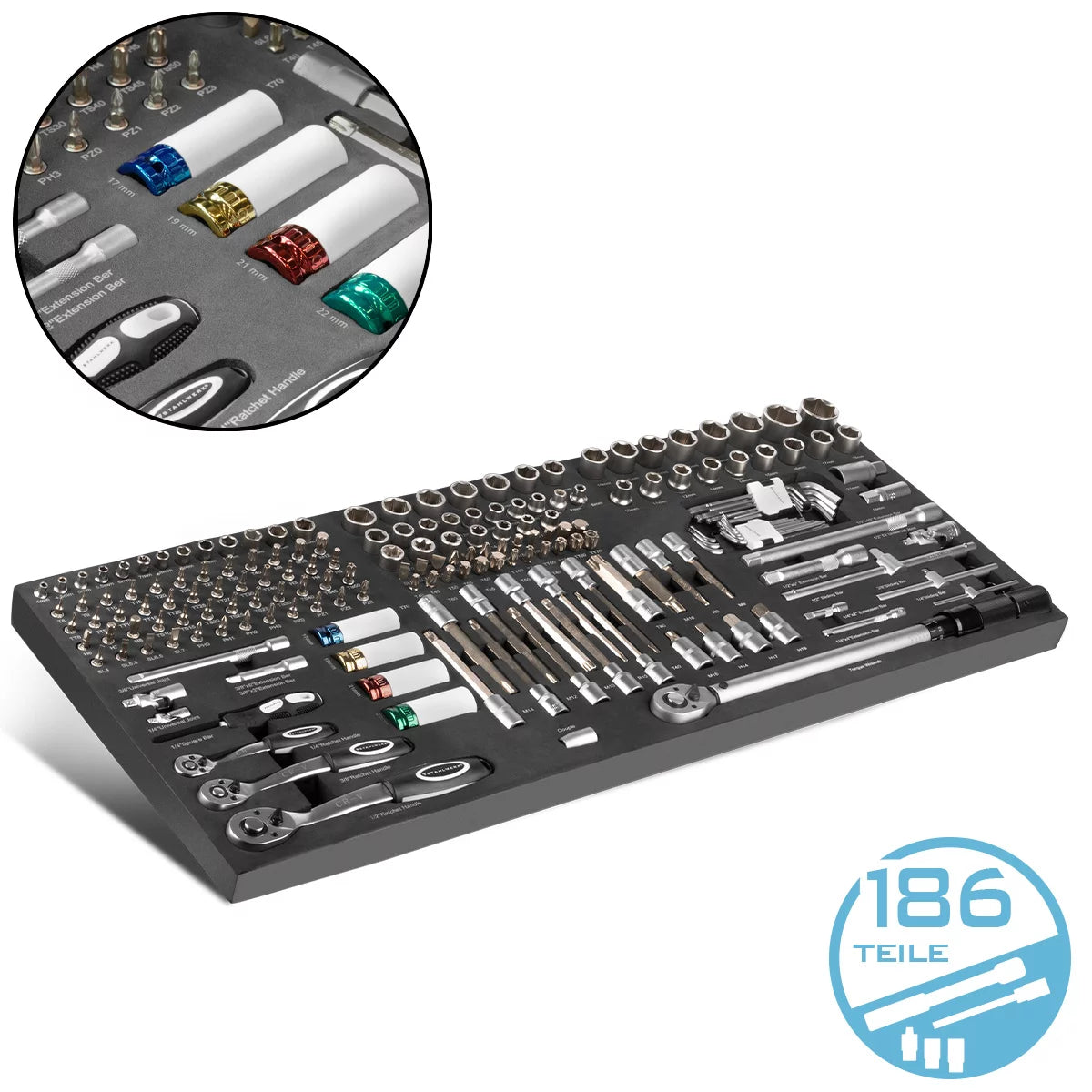 STAHLWERK 186-teiliger Bit- und Steckschlüsselsatz in Werkstattwageneinlage | Hochwertiges CrV-Werkzeug | 3/8", 1/2" und 1/4" Ratschen-, Bit- und Steckschlüssel-Set | Mit Drehmomentschlüssel 20-210 Nm