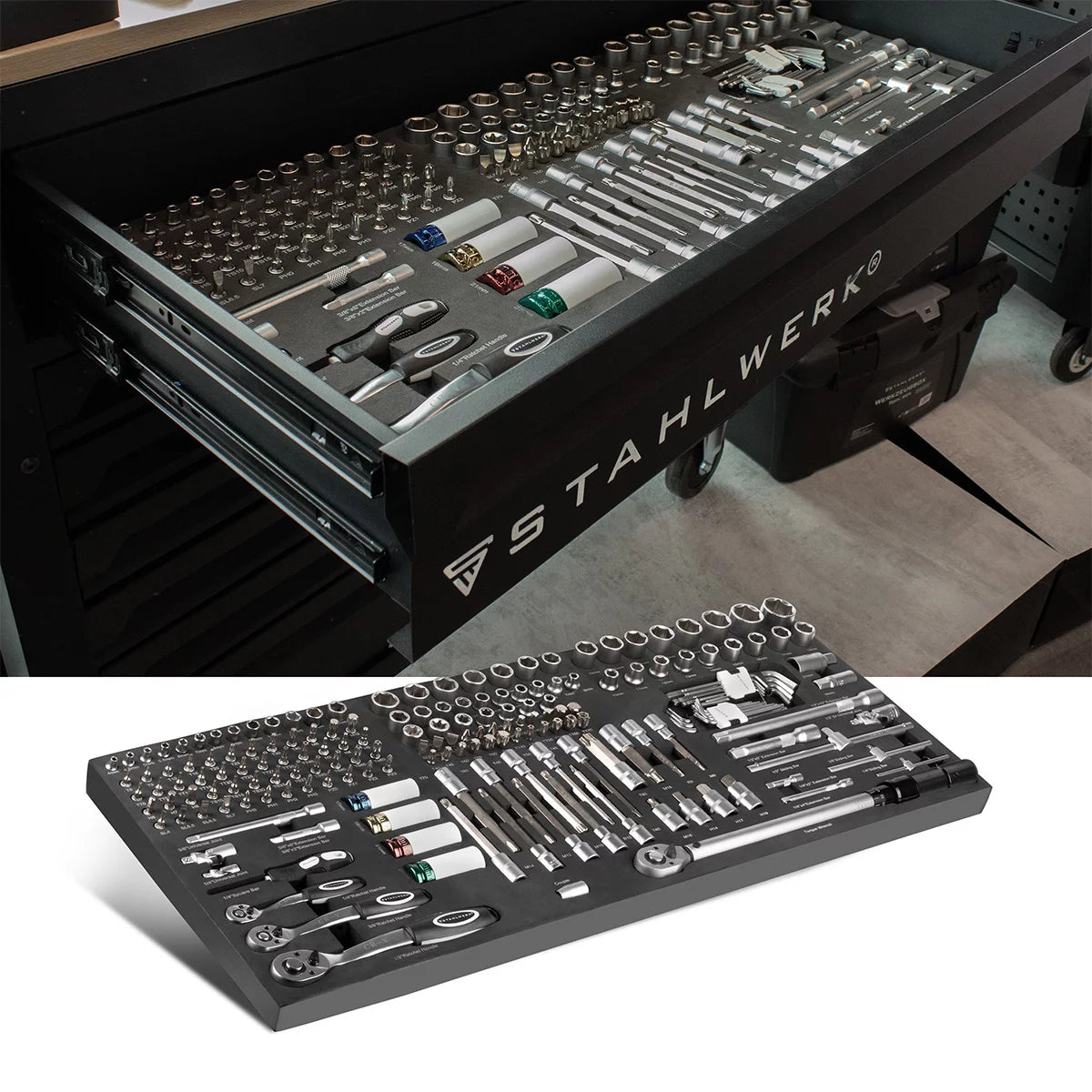 STAHLWERK 186-teiliger Bit- und Steckschlüsselsatz in Werkstattwageneinlage | Hochwertiges CrV-Werkzeug | 3/8", 1/2" und 1/4" Ratschen-, Bit- und Steckschlüssel-Set | Mit Drehmomentschlüssel 20-210 Nm