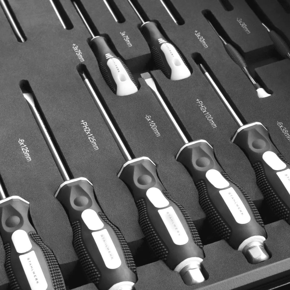 STAHLWERK 21-teiliges Schraubendreher-Set PH und SL in Schaumstoffeinlage |Inlay für Werkstattwagen| Hochwertiges Werkzeug in Werkzeugwageneinlage |Perfekte Ordnung in der Werkstatt