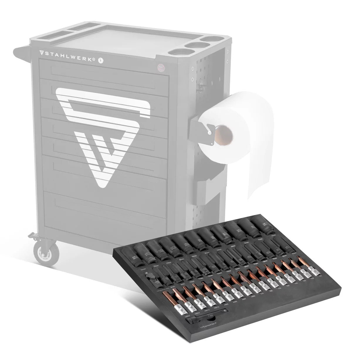 STAHLWERK 43-teiliges Steckschlüssel-Set in Schaumstoffeinlage für Werkstattwagen | Hochwertige Sechskantschlüssel innen und außen mit 1/2" Aufnahme | Hohe Torsionsbelastung |Alle gängigen Größen