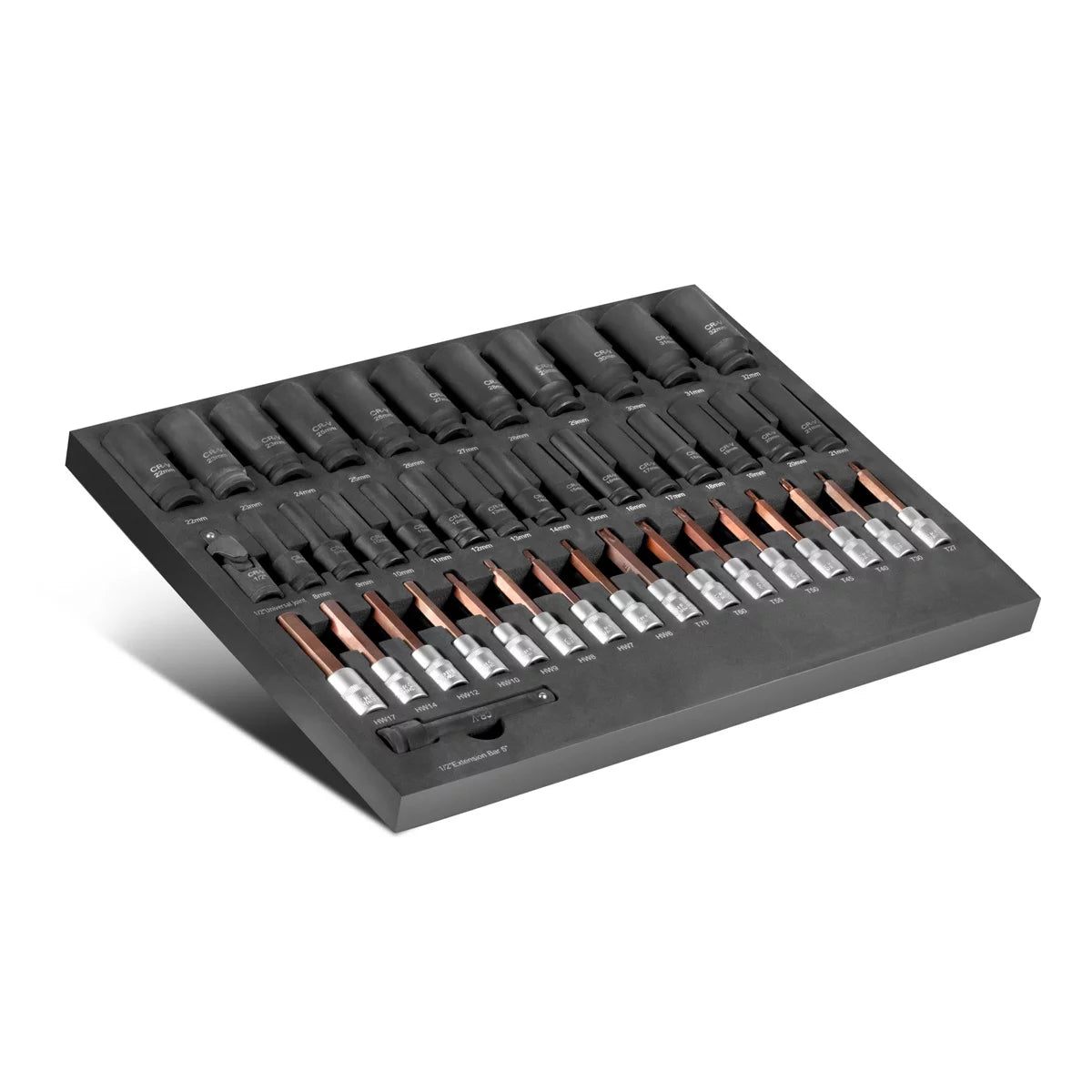 STAHLWERK 43-teiliges Steckschlüssel-Set in Schaumstoffeinlage für Werkstattwagen | Hochwertige Sechskantschlüssel innen und außen mit 1/2" Aufnahme | Hohe Torsionsbelastung |Alle gängigen Größen