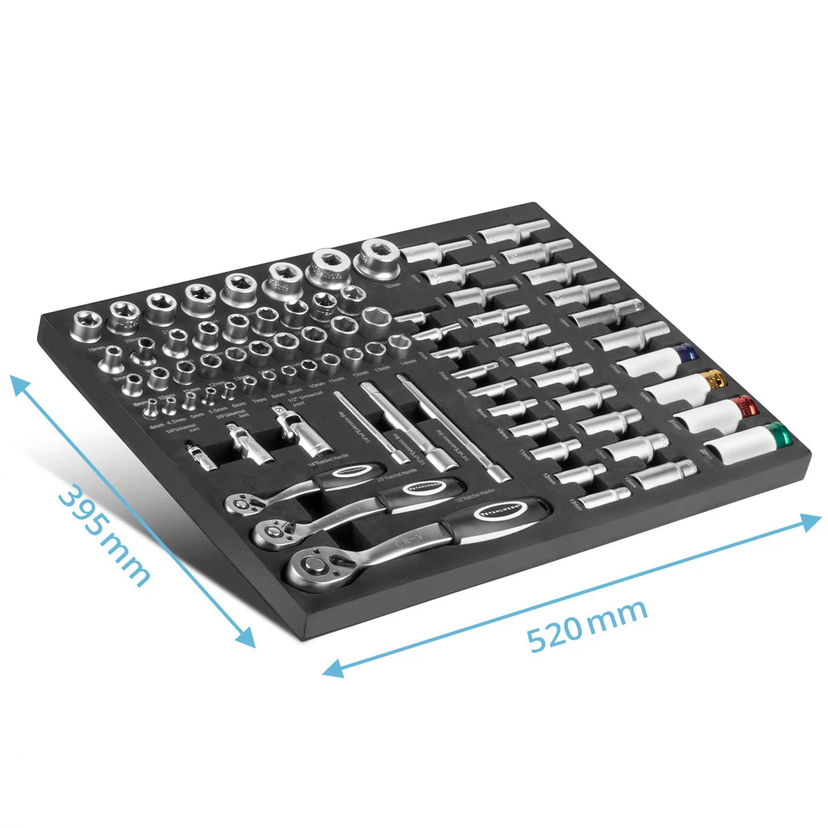 STAHLWERK 80-teiliger Profi-Steckschlüsselsatz in Werkstattwageneinlage | Hochwertiges CrV-Werkzeug | Werkzeugwageneinlage | Perfekte Organisation | Knarren- und Ratschen-Set | 1/4", 3/8", 1/2"