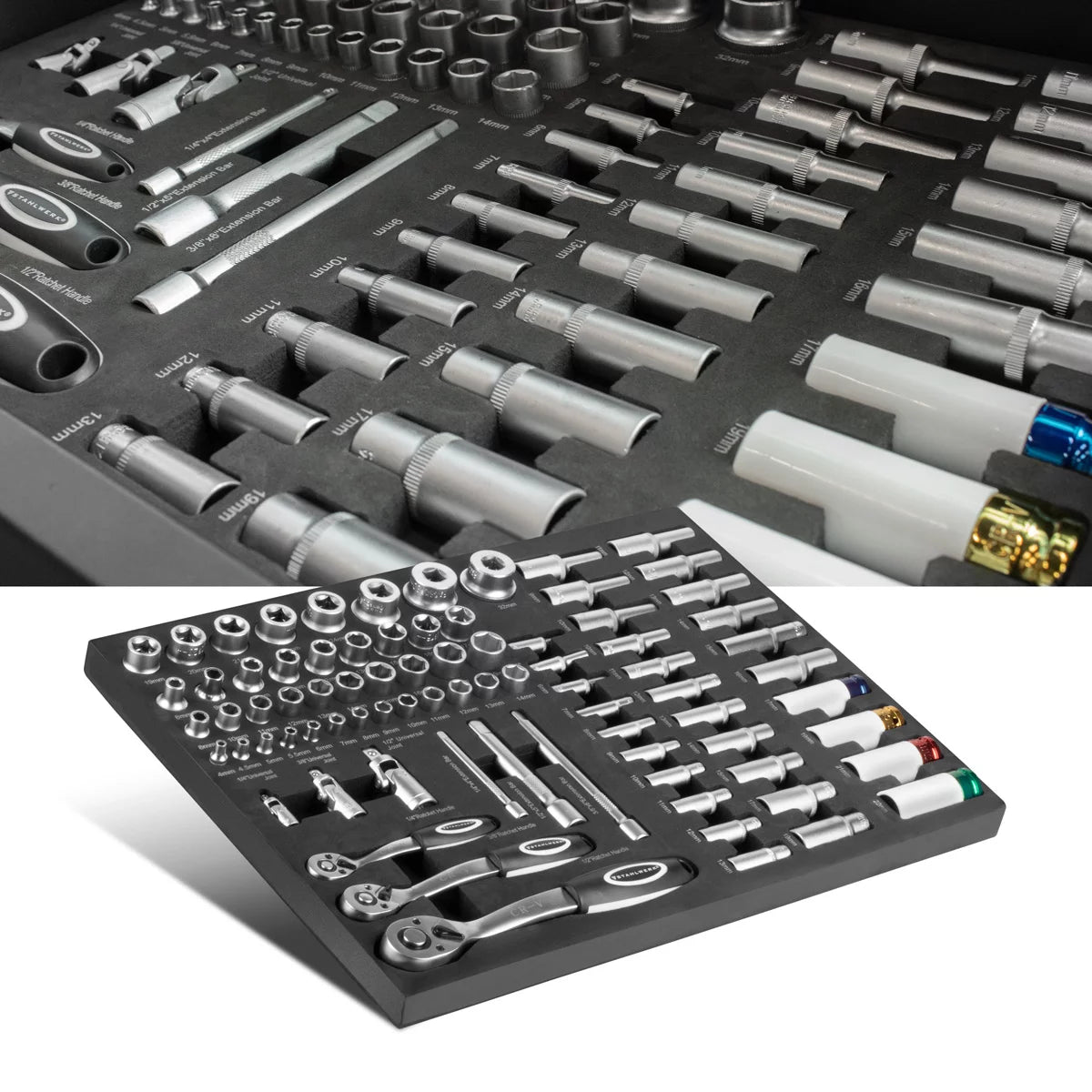 STAHLWERK 80-teiliger Profi-Steckschlüsselsatz in Werkstattwageneinlage | Hochwertiges CrV-Werkzeug | Werkzeugwageneinlage | Perfekte Organisation | Knarren- und Ratschen-Set | 1/4", 3/8", 1/2"