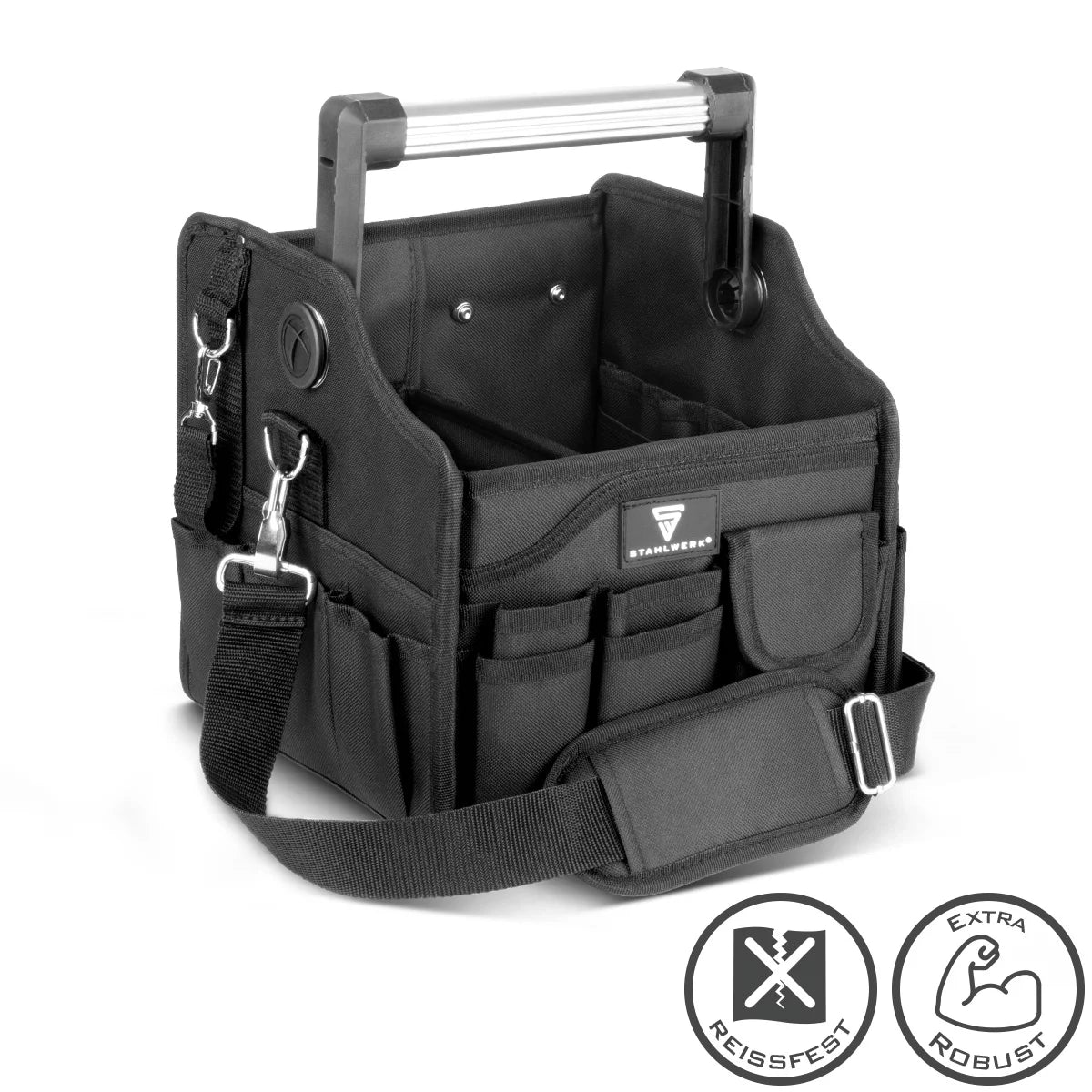 STAHLWERK Werkzeugtasche mit 14 Aussentaschen | 2 Innenfächer | Robuste Elektriker-Tasche | Tragbare Montagetasche mit verstärktem Rahmen | Aluminium-Tragegriff und Gurt | Strapazierfähiges Polyester