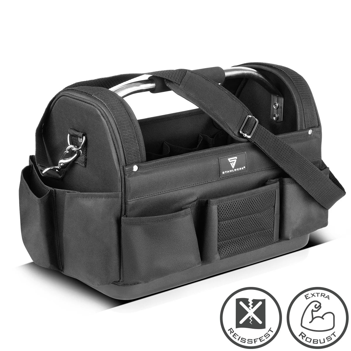 STAHLWERK Werkzeugtasche | 11 Aussen- und 10 Innentaschen | Robuste Installateur-Tasche | Tragbarer Werkzeugkoffer | Montagetasche mit Tragegriff und Schultergurt | Strapazierfähiges Polyester-Gewebe