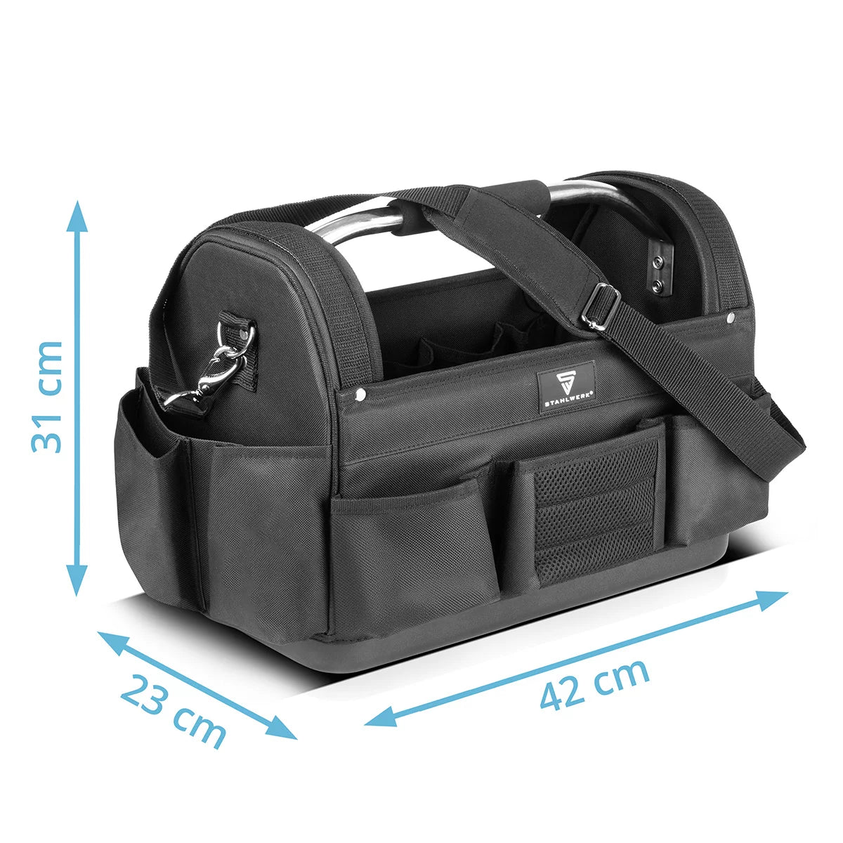 STAHLWERK Werkzeugtasche | 11 Aussen- und 10 Innentaschen | Robuste Installateur-Tasche | Tragbarer Werkzeugkoffer | Montagetasche mit Tragegriff und Schultergurt | Strapazierfähiges Polyester-Gewebe