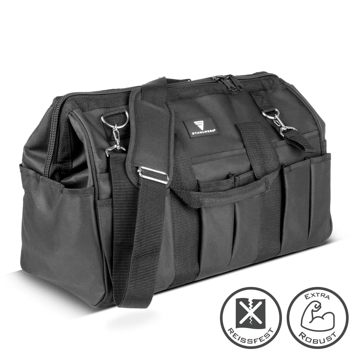STAHLWERK Werkzeugtasche | 15 Aussen- und 6 Innenfächer | Weitöffnende Installateur-Tasche | Tragbarer Werkzeugkoffer | Montagetasche mit Doppelgriff und Gurt | Strapazierfähiges Polyester-Gewebe