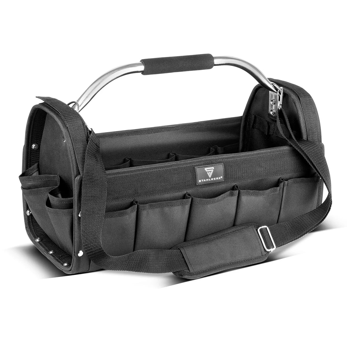 STAHLWERK Werkzeugtasche | 18 Aussen- und 10 Innentaschen | Robuste Installateur-Tasche | Tragbarer Werkzeugkoffer | Montagetasche mit Tragegriff und Schultergurt | Strapazierfähiges Polyester-Gewebe