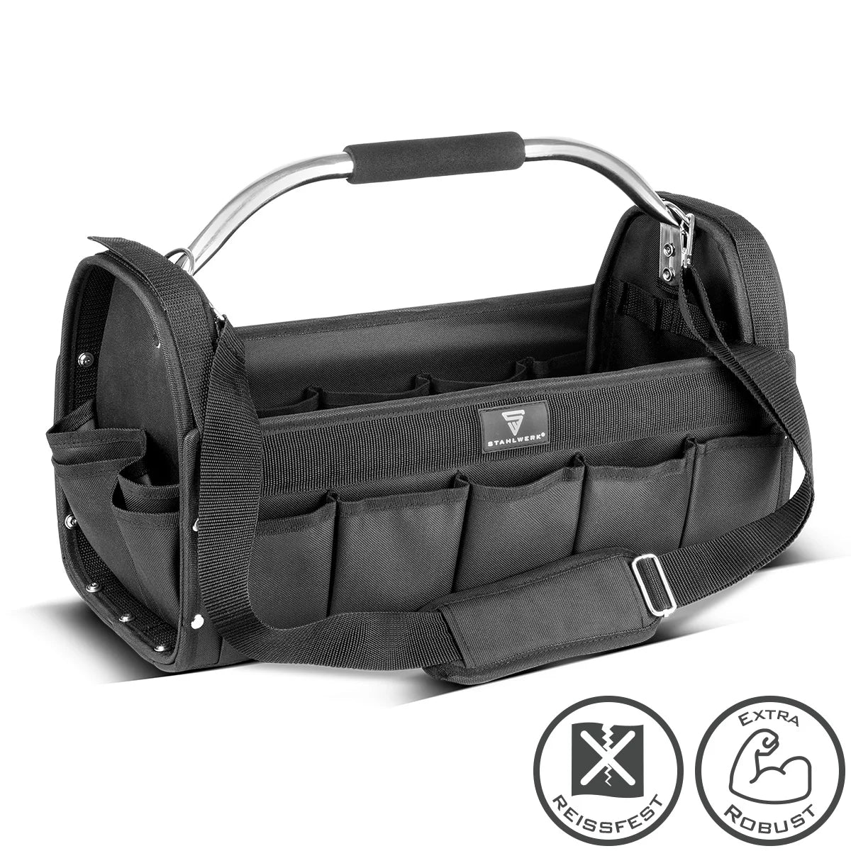 STAHLWERK Werkzeugtasche | 18 Aussen- und 10 Innentaschen | Robuste Installateur-Tasche | Tragbarer Werkzeugkoffer | Montagetasche mit Tragegriff und Schultergurt | Strapazierfähiges Polyester-Gewebe