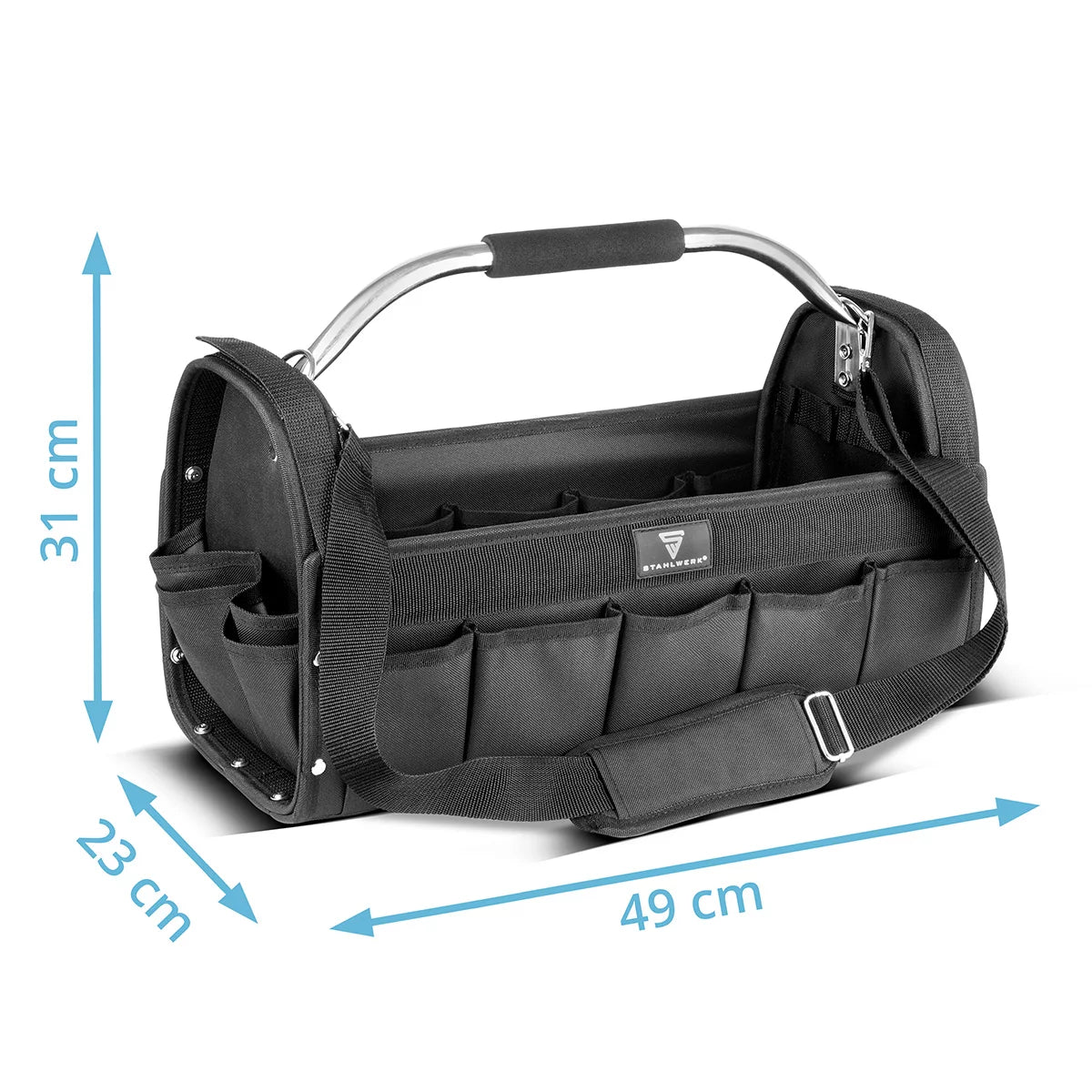 STAHLWERK Werkzeugtasche | 18 Aussen- und 10 Innentaschen | Robuste Installateur-Tasche | Tragbarer Werkzeugkoffer | Montagetasche mit Tragegriff und Schultergurt | Strapazierfähiges Polyester-Gewebe