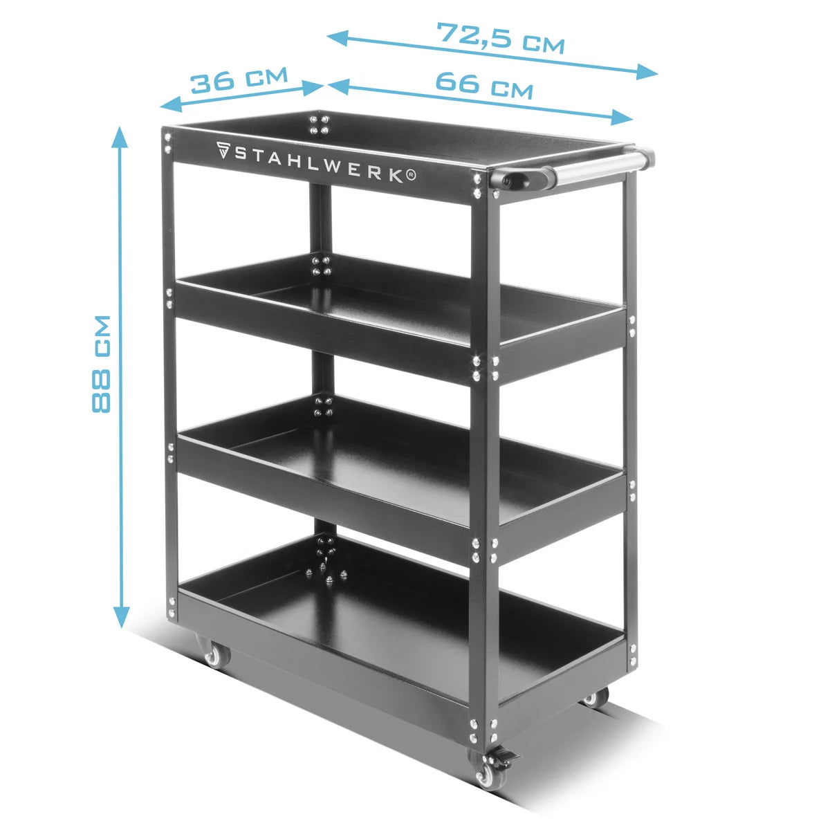 STAHLWERK Werkzeugwagen ST-875 Werkstattwagen | Rollwagen | Transportwagen | Montagewagen | Plattformwagen | Etagenwagen mit 4 Ladeflächen