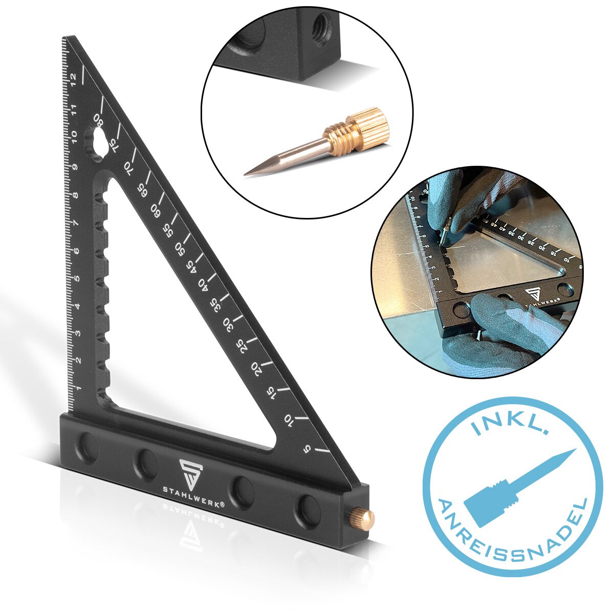 Steelworks Winkeld triangle with stop and marking needle metric aluminum angle-angelline | Matt angle triangle | Zimmermannswinkel for the precise measurement, torn, mark and draw