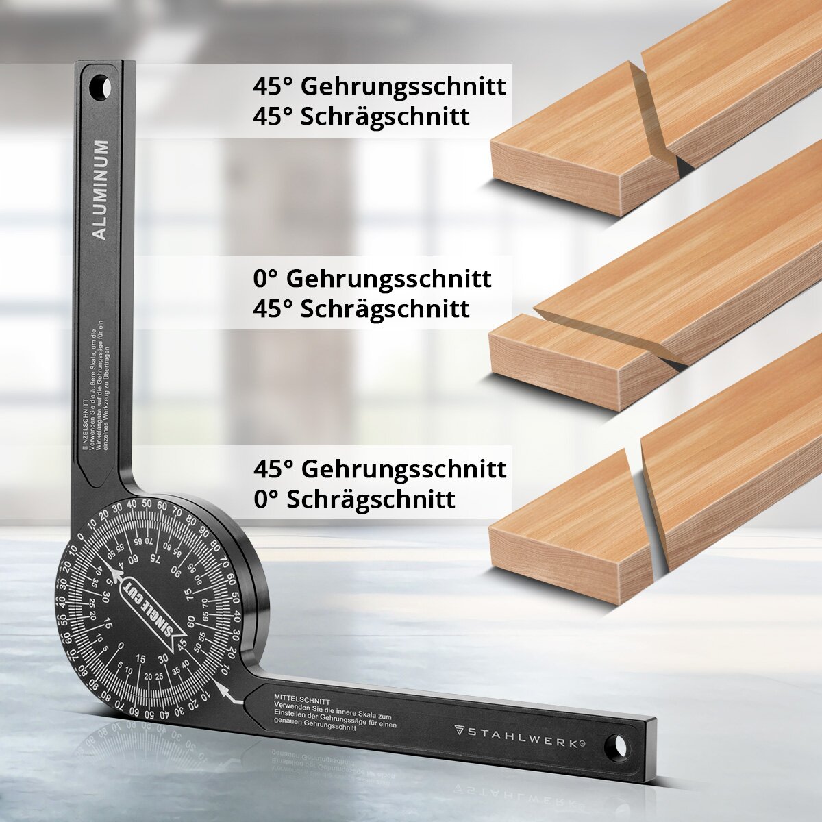 STAHLWERK Winkelmesser 360° Grad Aluminium Gehrungswinkelmesser | Winkelmessgerät | Gradmesser | Winkellineal | Goniometer | Messwerkzeug für präzise Gehrungsschnitte