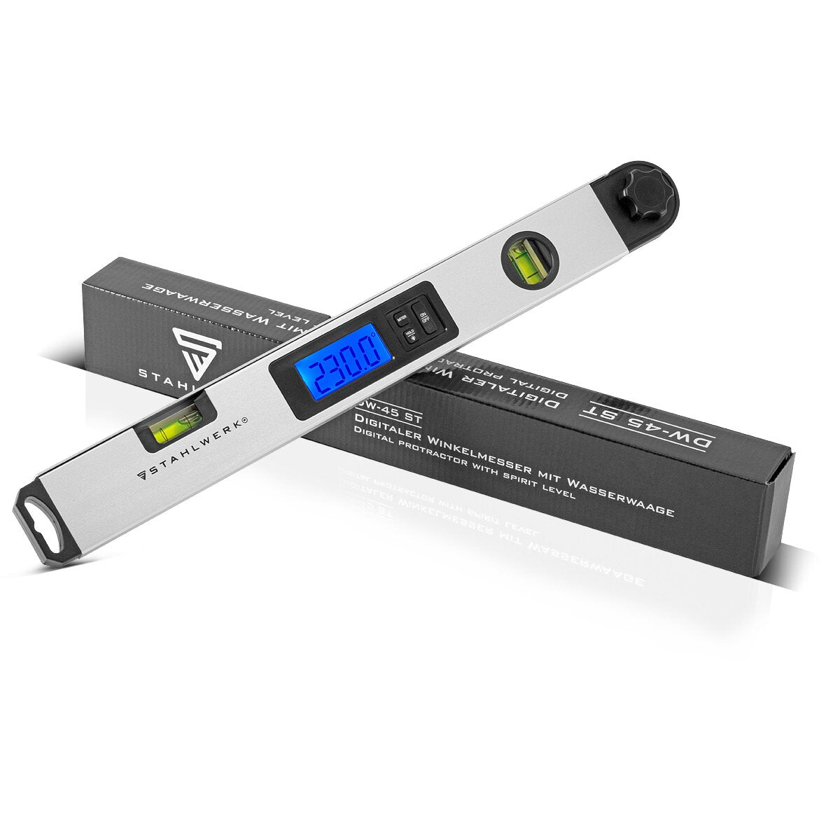 STAHLWERK DW-45 ST Digitaler Aluminium Winkelmesser / Präzisions-Winkelmessgerät / Gradmesser mit integrierter Wasserwaage, weiter Messbereich von 0-230 Grad, 450 mm, beleuchtetes LCD-Display mit Hold-Funktion und Gehrungswinkel-Berechnung