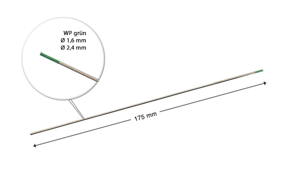Elettrodi di tungsteno in acciaio / elettrodi di saldatura WP verde nel set pratico 5 x 1,6 mm + 5 x 2,4 mm x 175 mm