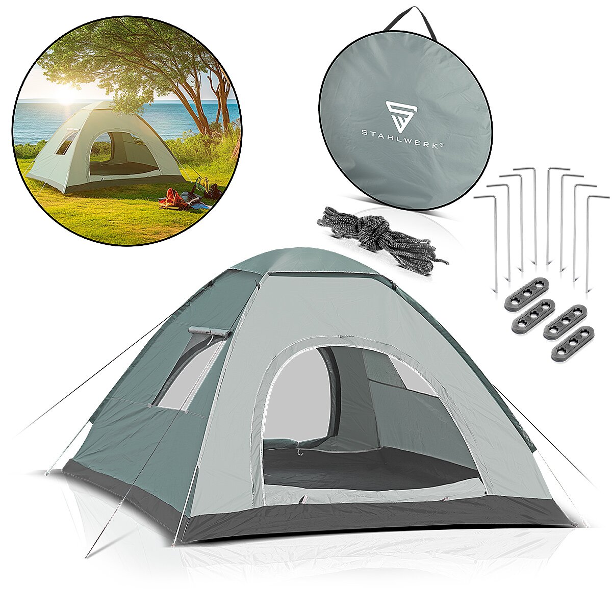 Stahlwerk Camping tent Z-200 ST 200 x 200 cm self-building pop-up tent | Wurf tent | Igluzelt | Folding tent | Dome tent | Trekking tent | Tent for 2-3 people including transport bag